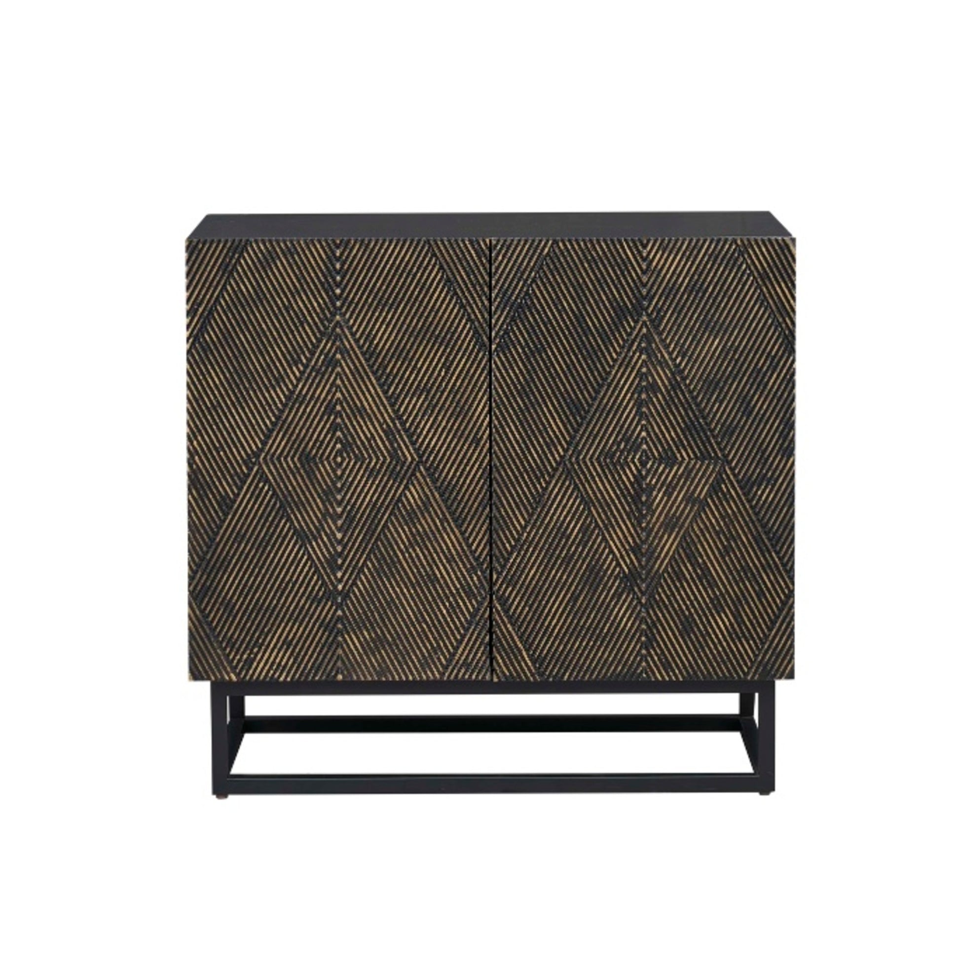 Geometric Brown Wooden Layered Diamond 2 Door Room Cabinet with Gold Accents and Black Iron Base