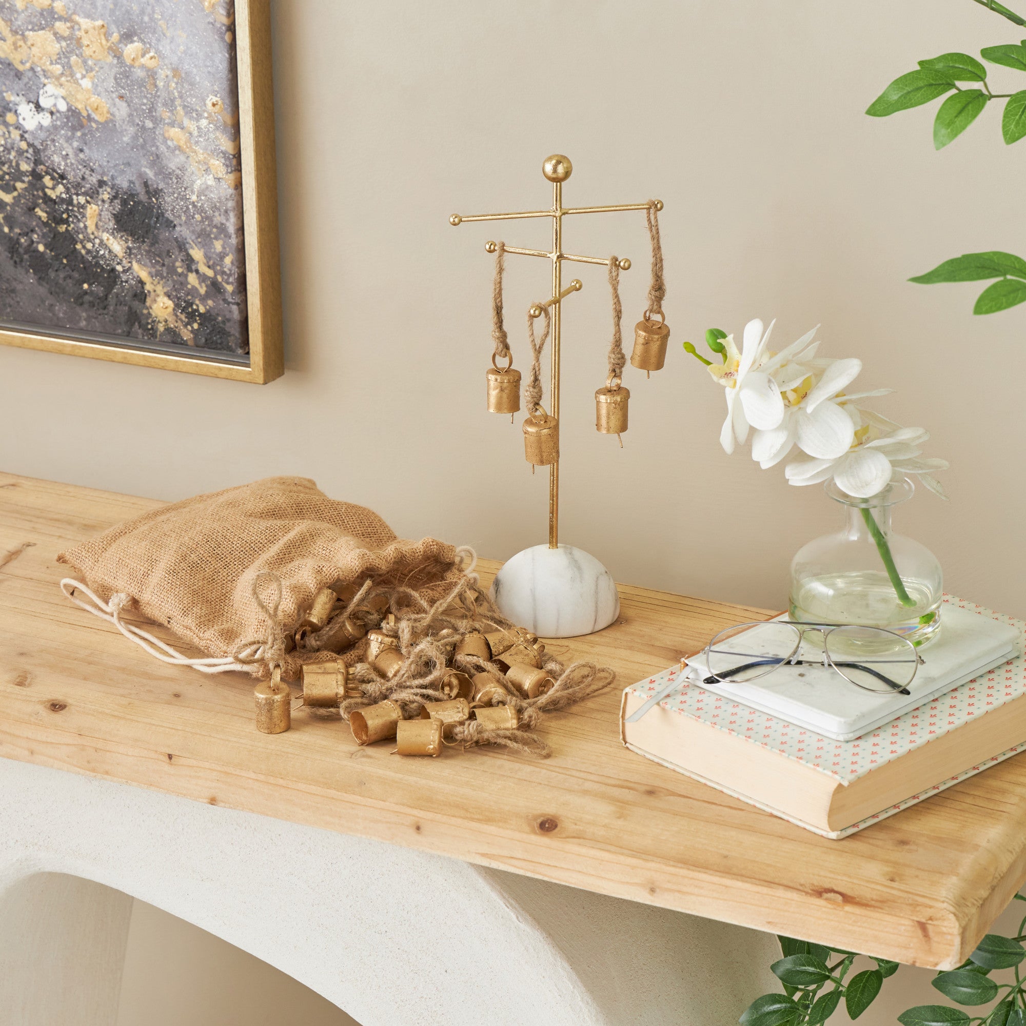 Set of 36 Bell Gold Metal Tibetan Inspired Indoor Outdoor Decorative Bells with Brown Jute Rope and Canvas Tote