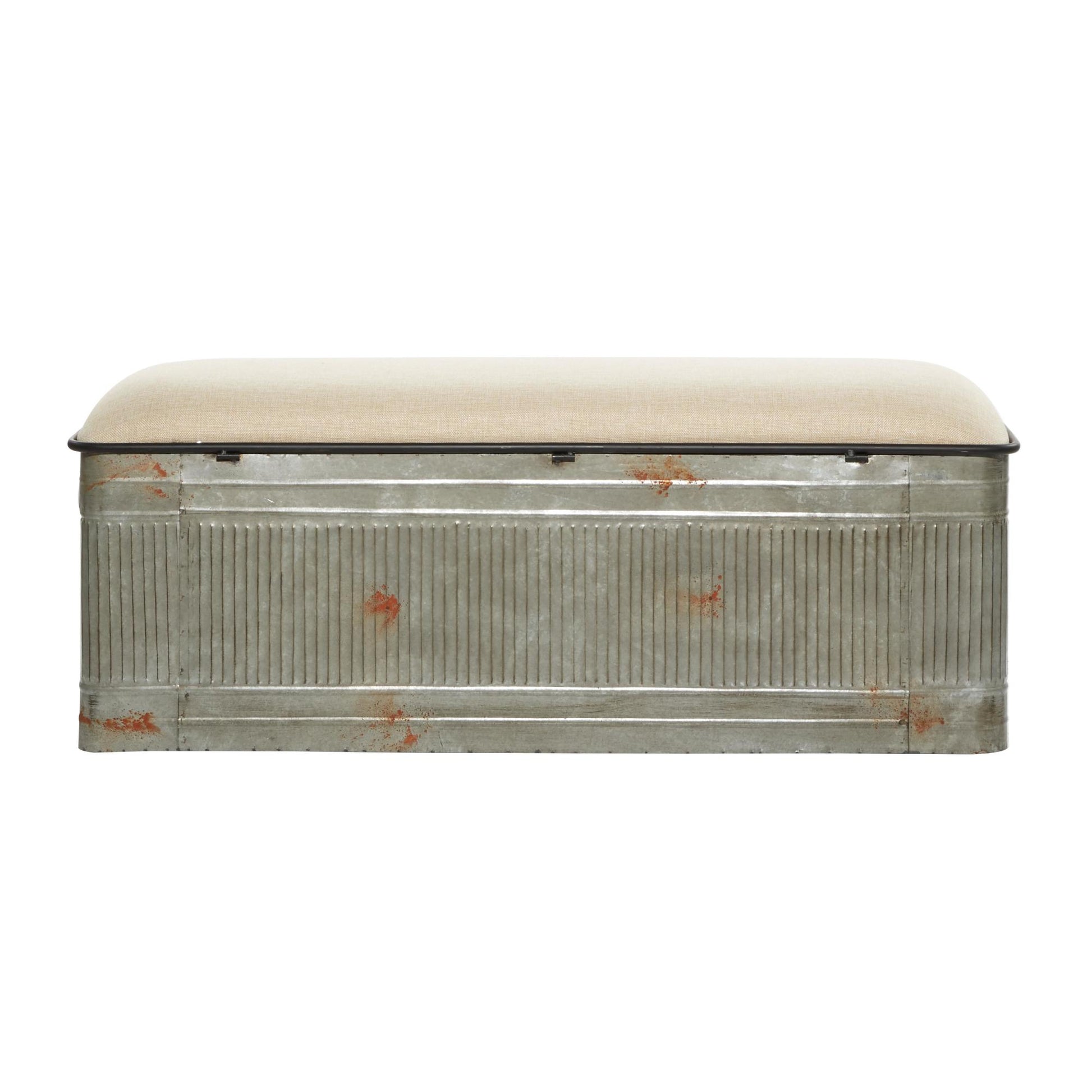Gray Metal Galvanized Room Storage Bench with Cream Burlap Top and Black Latches