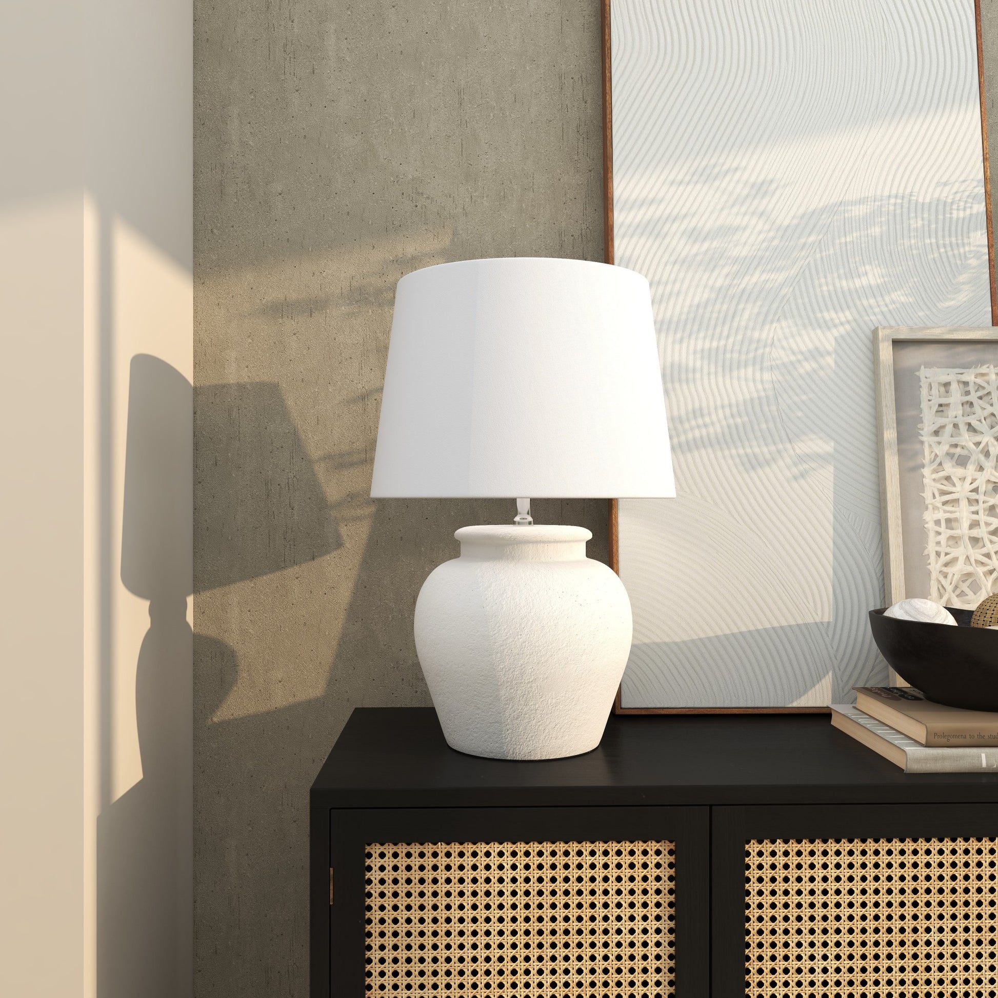 White Cement Stone Pot Inspired Room Table Lamp with Textured Exterior