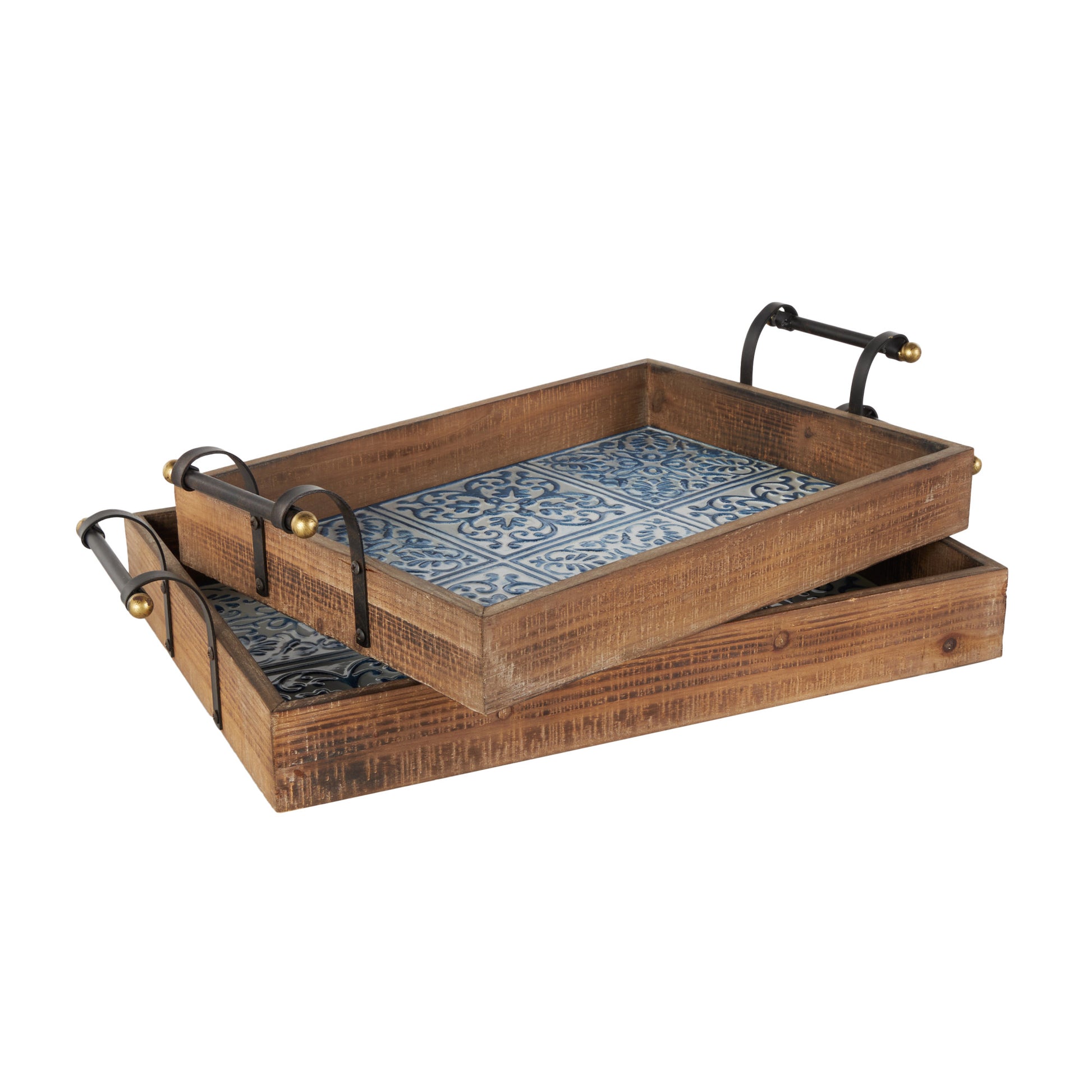 Set of 2 Floral Brown Wood Living Room Decor Tray with Tile Patterns