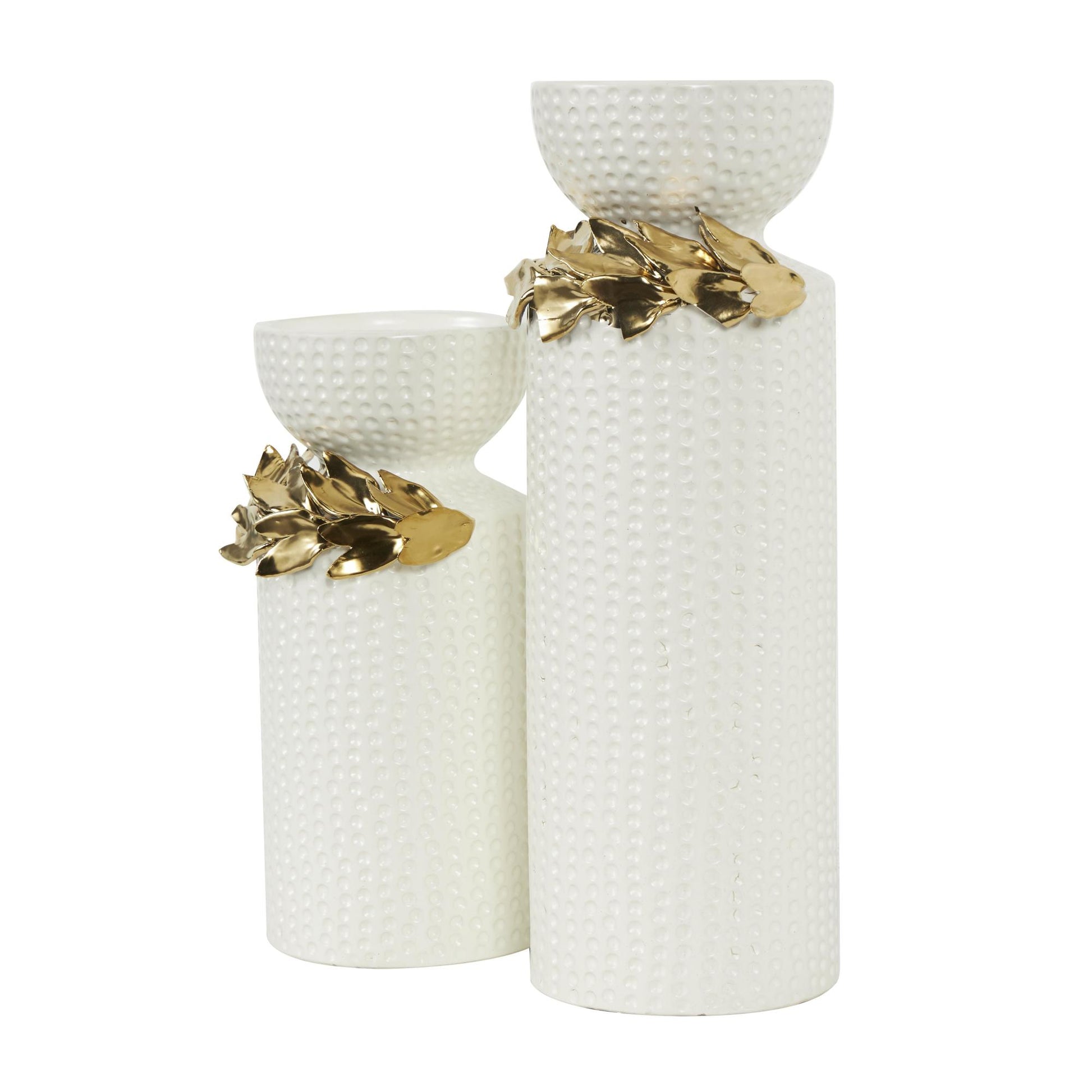 Set of 2 Leaf White Ceramic Decorative Candle Holder with Abstract Spotted Pattern and Gold Accents