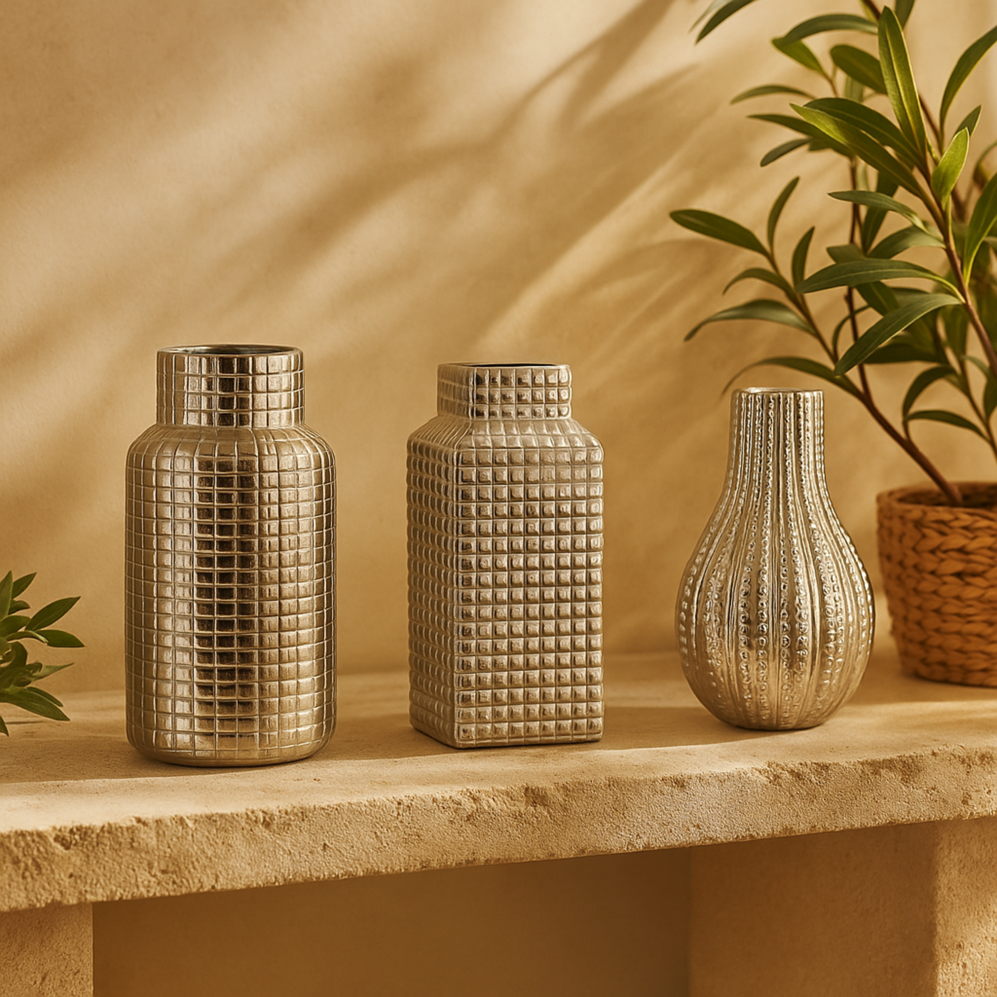 Set of 3 Geometric Ceramic Dimensional Textured Decorative Vase with Varying Shapes and Grid Patterns Set of 3 3"W, 8"H