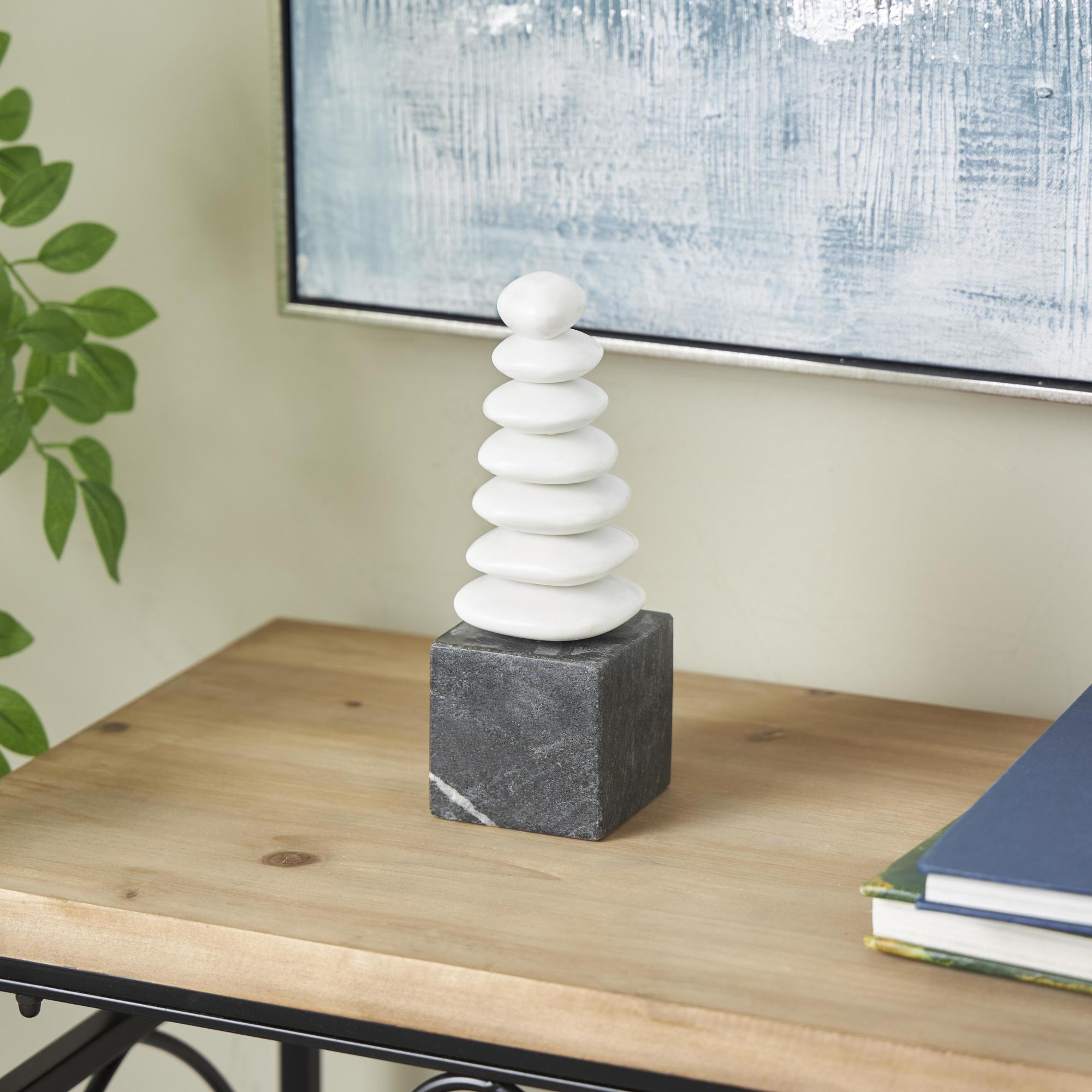 Abstract White Marble Stacked Stone Decorative Sculpture with Black Block Base
