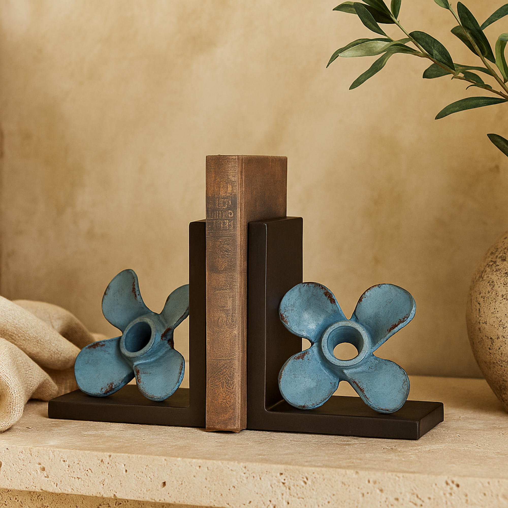 Set of 2 Boat Teal Metal Distressed Propeller Decorative Bookends with Brown L-Shaped Stands