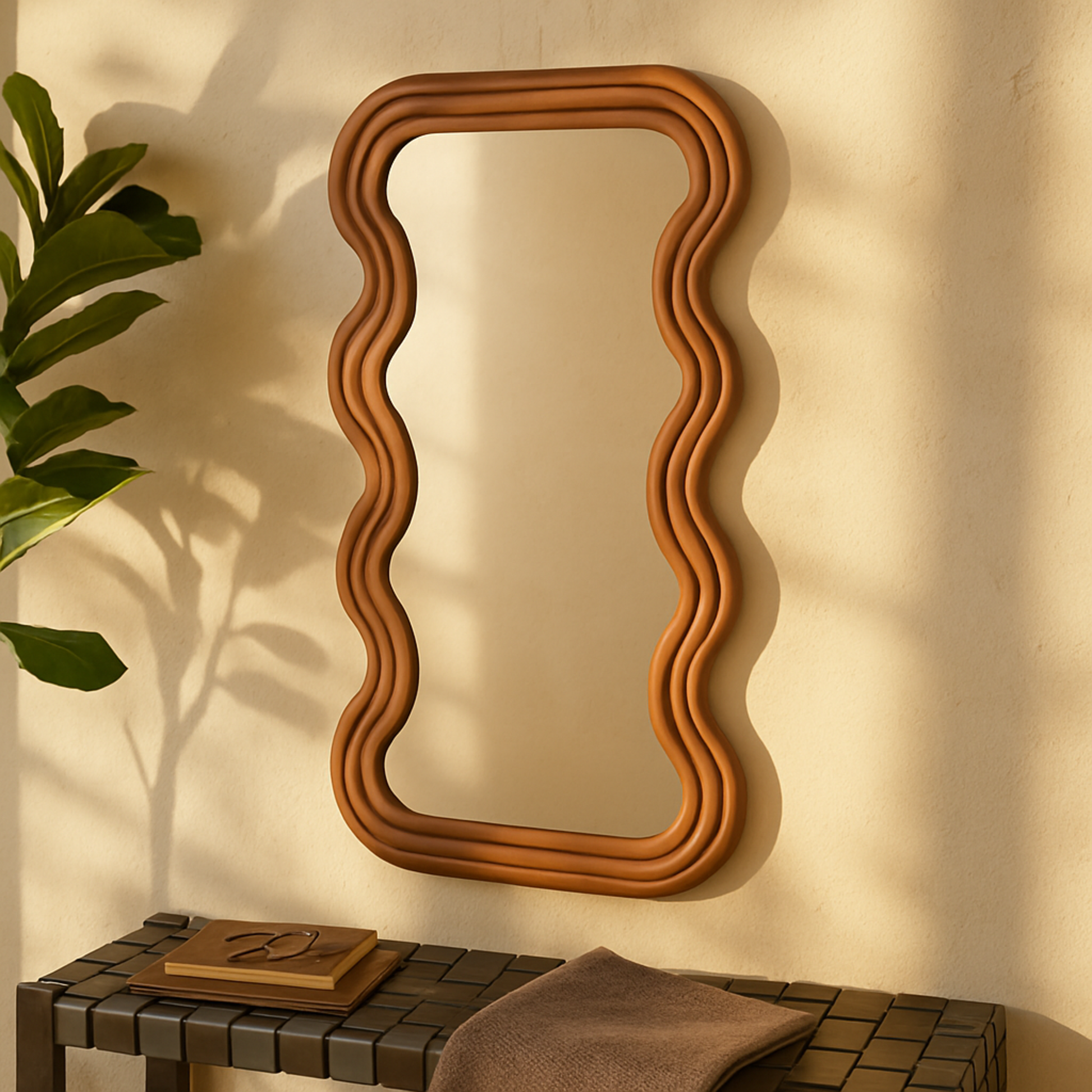 Wood Wavy Room Wall Mirror with Dimensional Carved Frame 20" x 2" x 39"