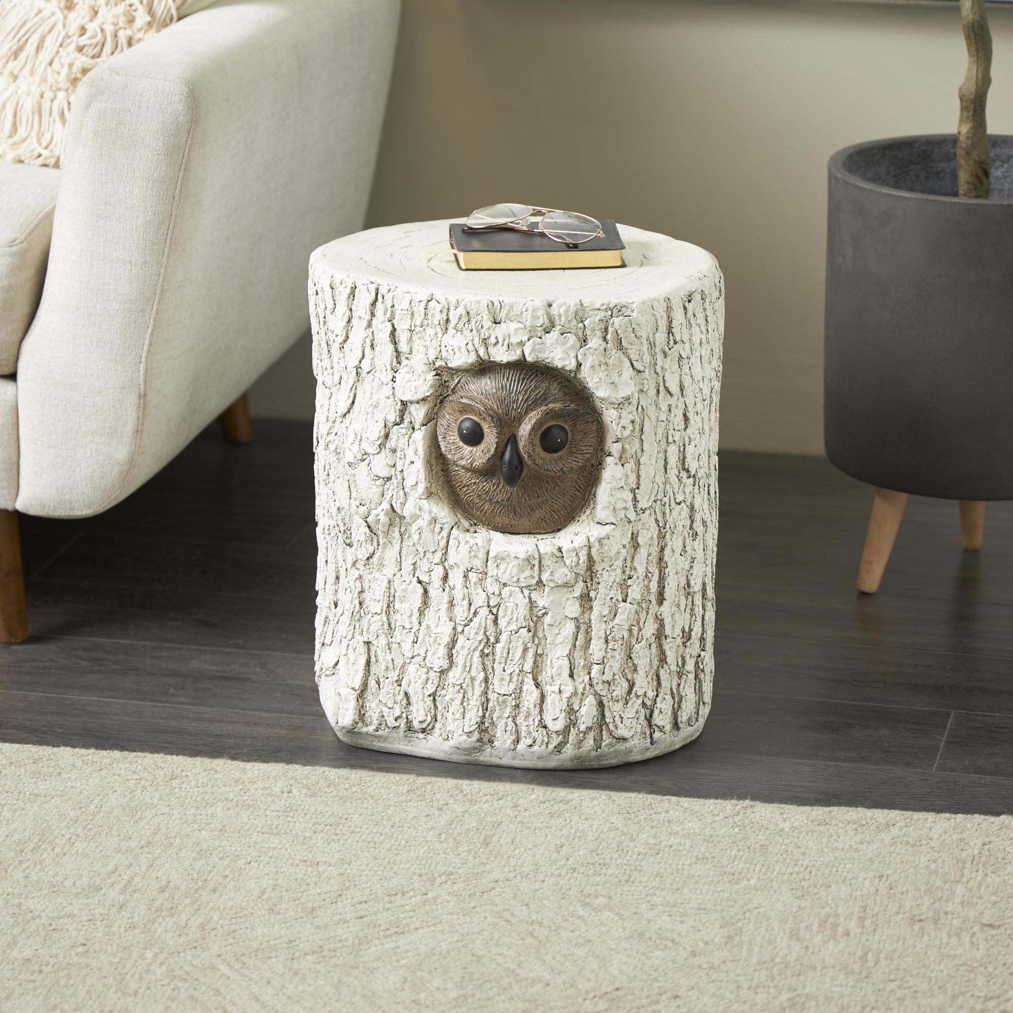 Owl White Magnesium Oxide Tree Trunk Decorative Garden Stool with Brown Accents