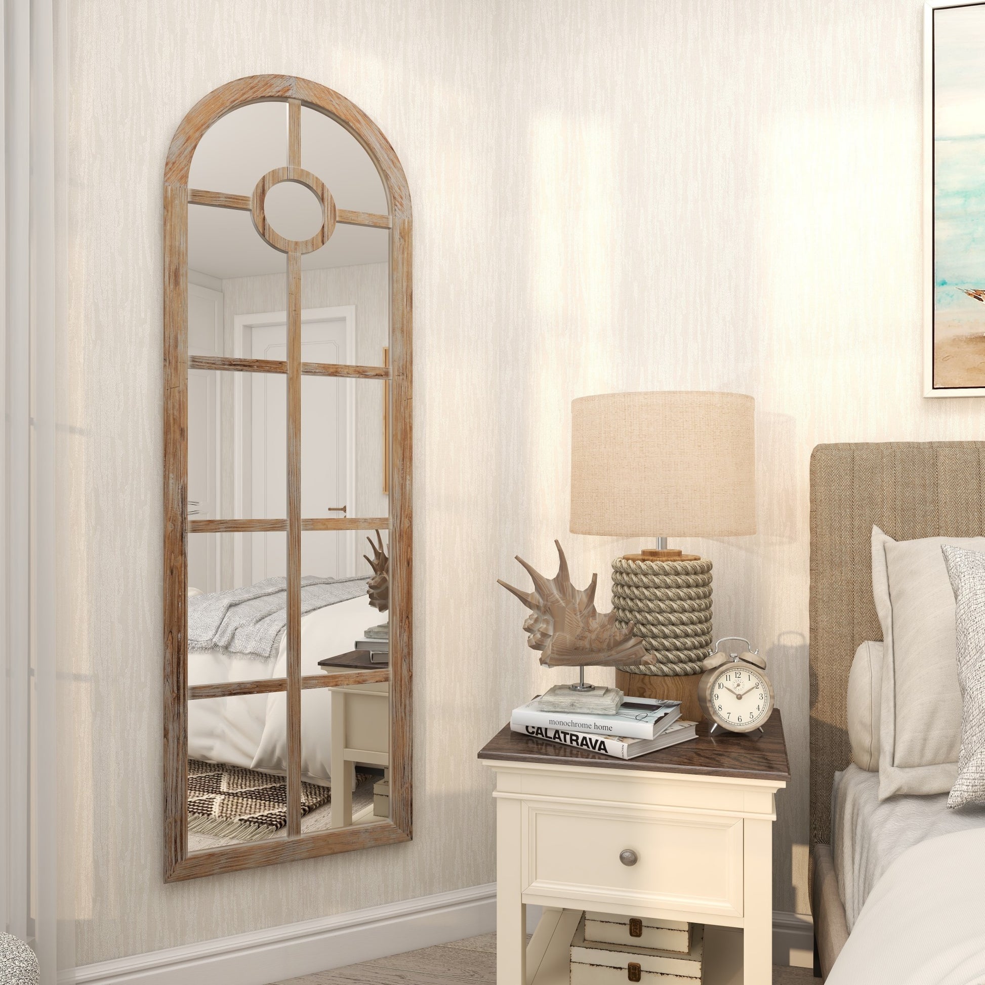 Brown Wood Arched Window Pane Room Wall Mirror