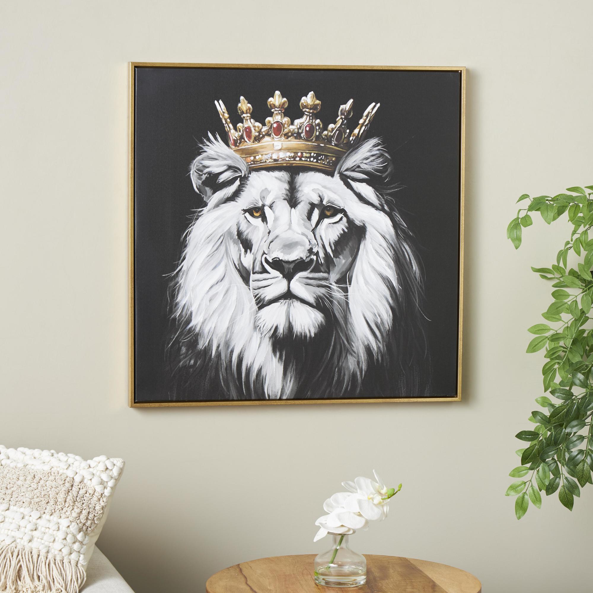 Lion Black Canvas Shaded Living Room Framed Wall Art with Gold Jeweled Crown