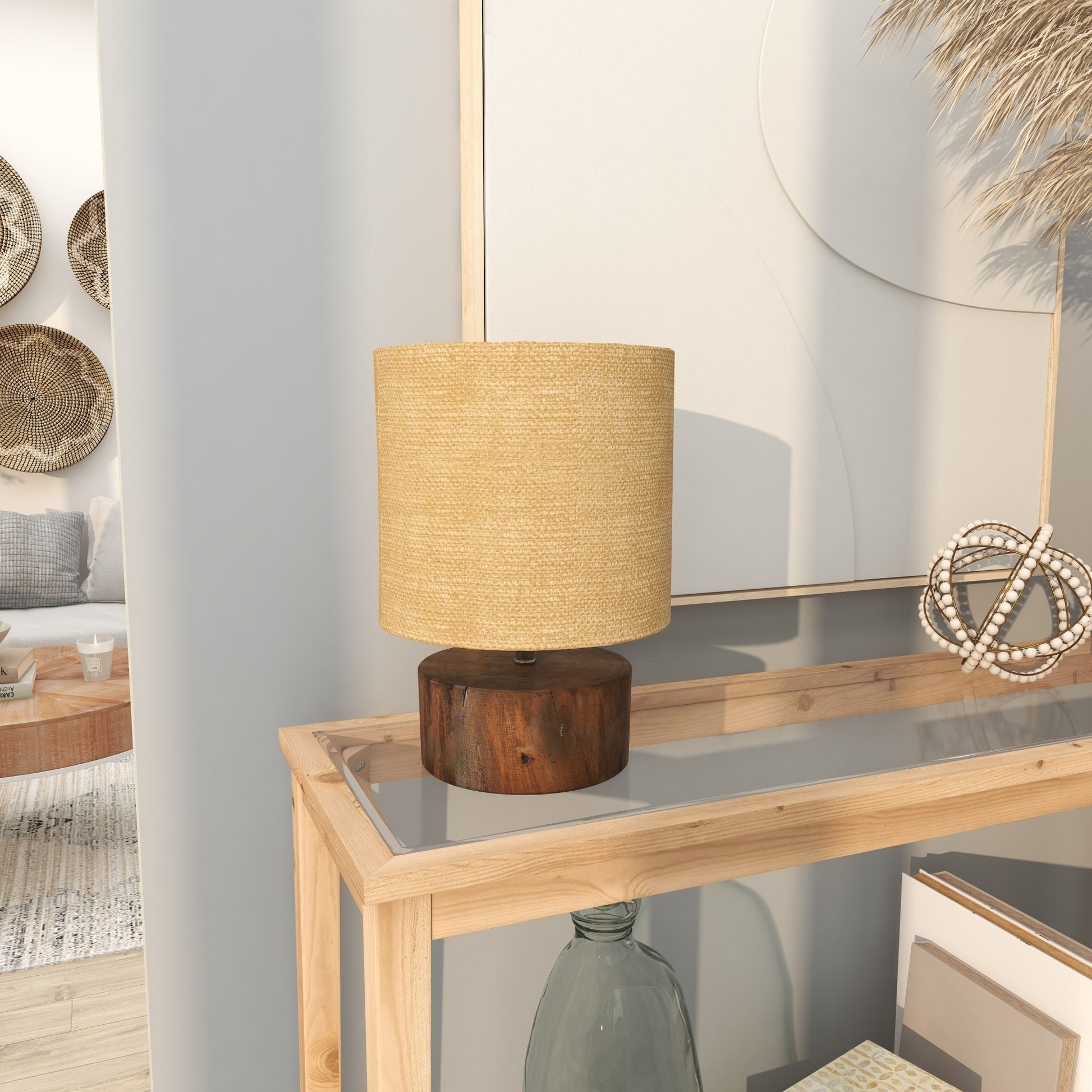 Dark Brown Wood Room Table Lamp with Jute Shade