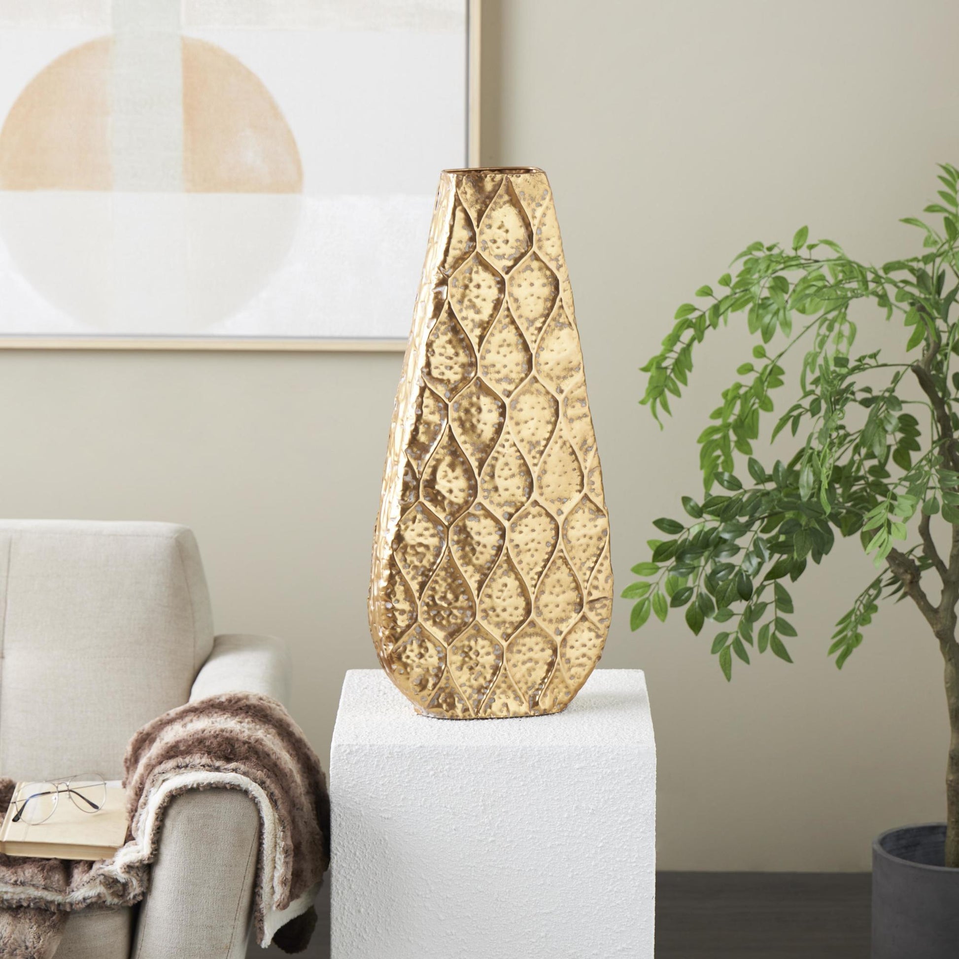 Gold Metal Textured Concaved Teardrop Decorative Vase with Peacock Inspired Design