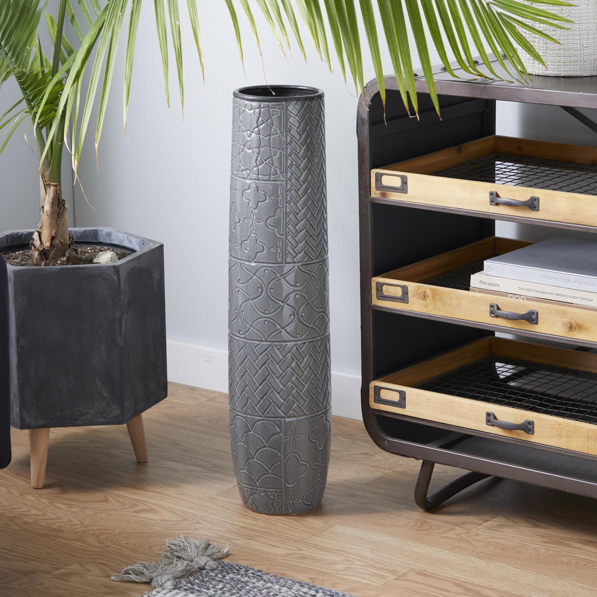 Gray Ceramic Slim Engraved Patterned Decorative Vase with Varying Patterns
