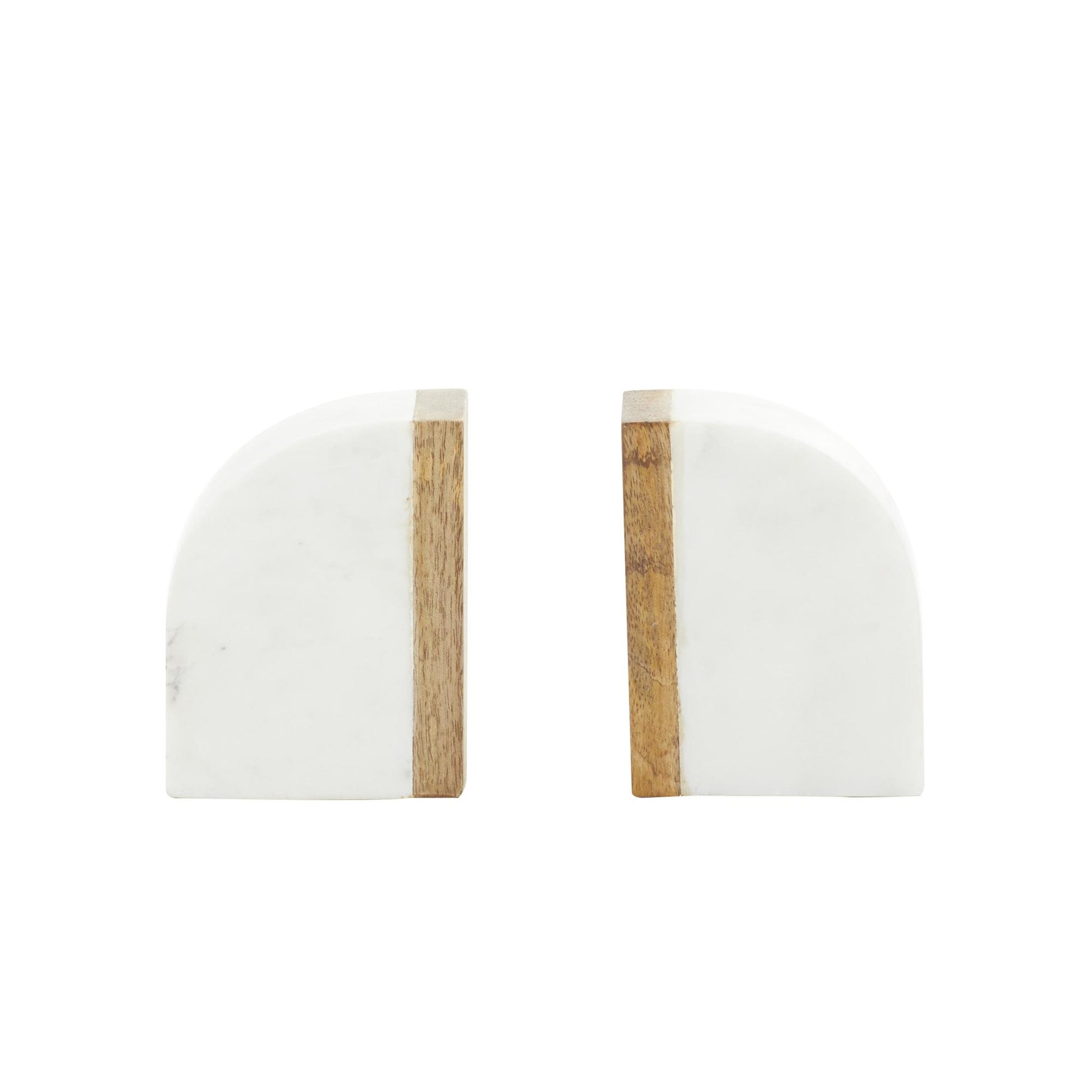 Set of 2 Geometric White Marble Arch Decorative Bookends with Wood Accent