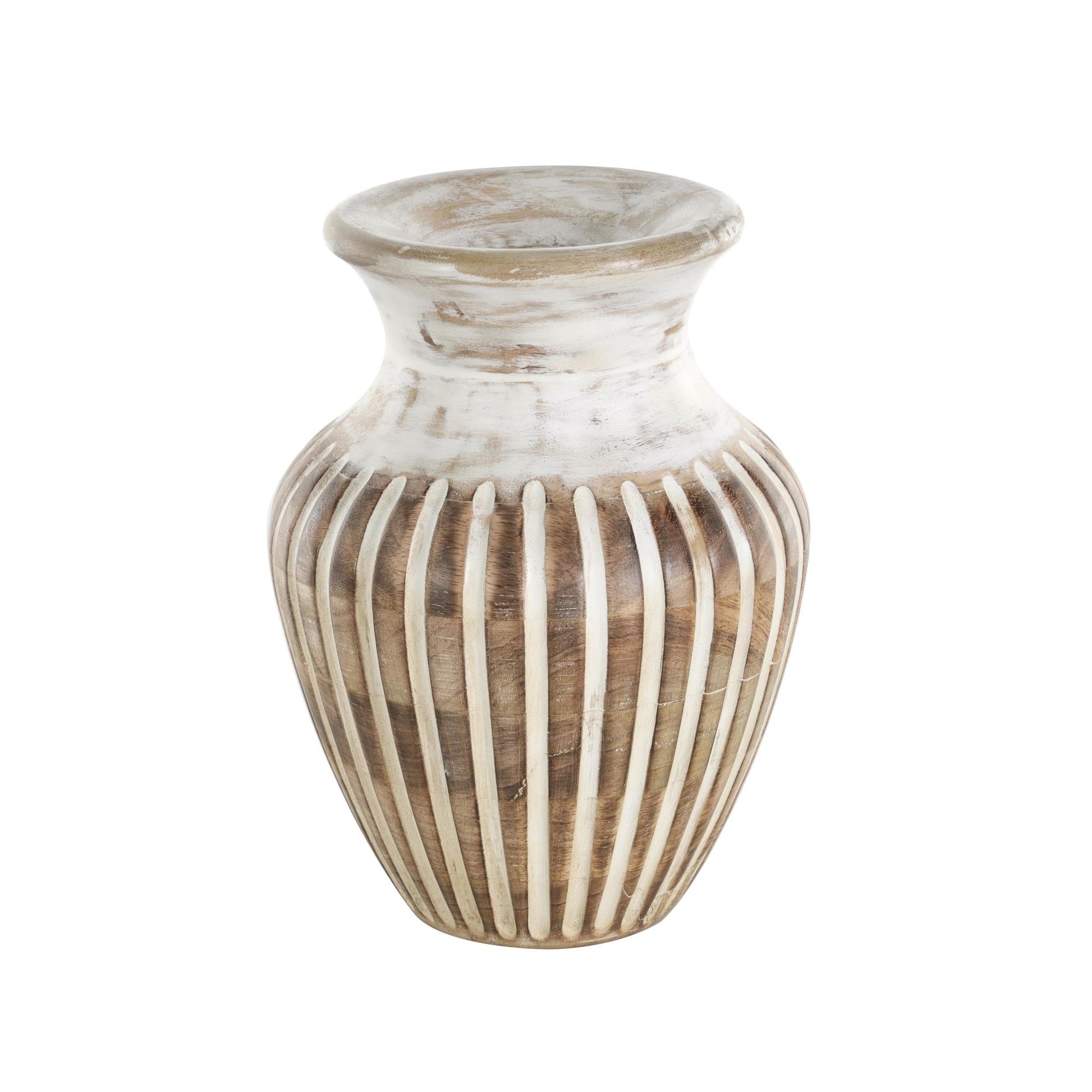 Brown Mango Wood Distressed Decorative Vase with Carved Grooves