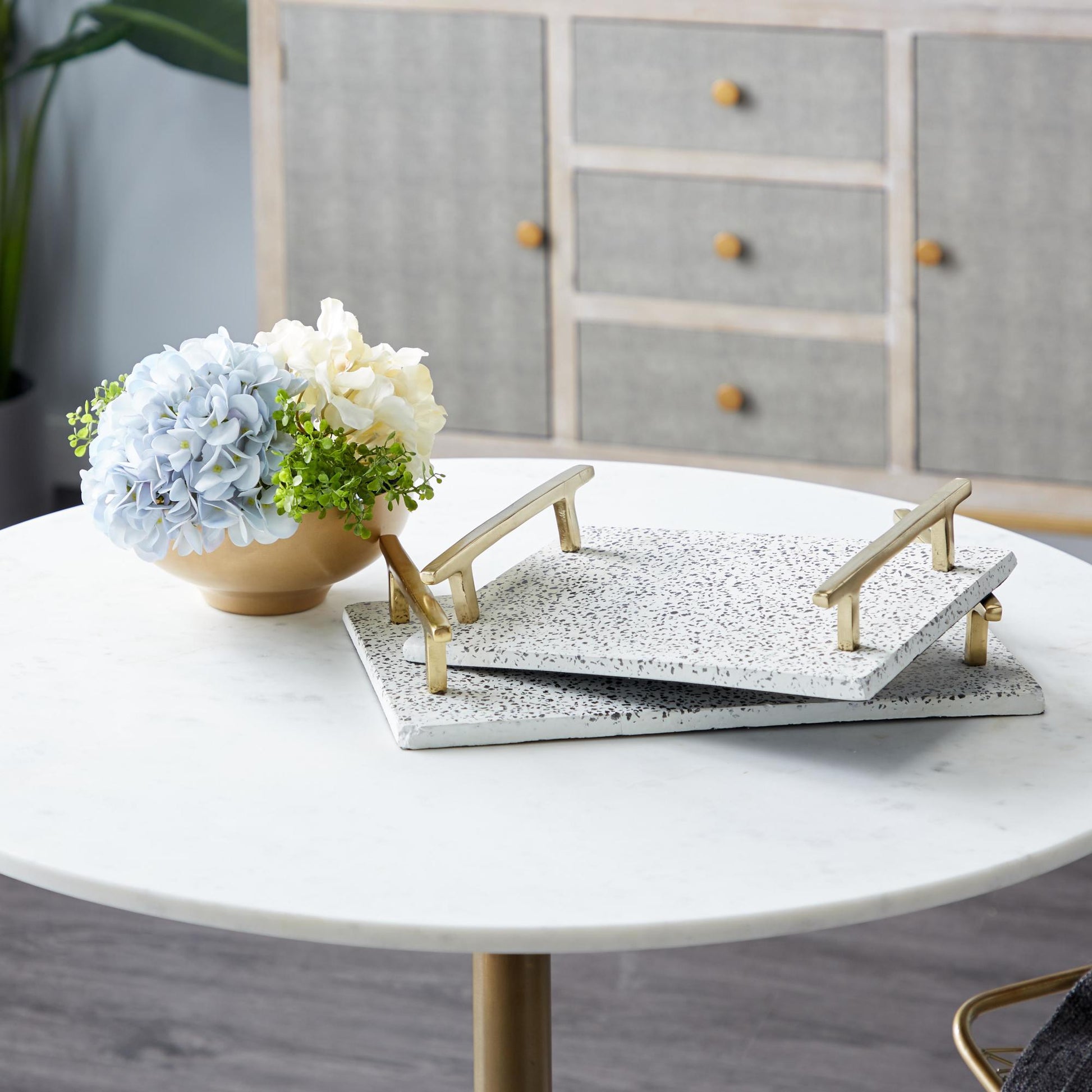 Set of 2 Marble Living Room Decor Tray with Gold Handles