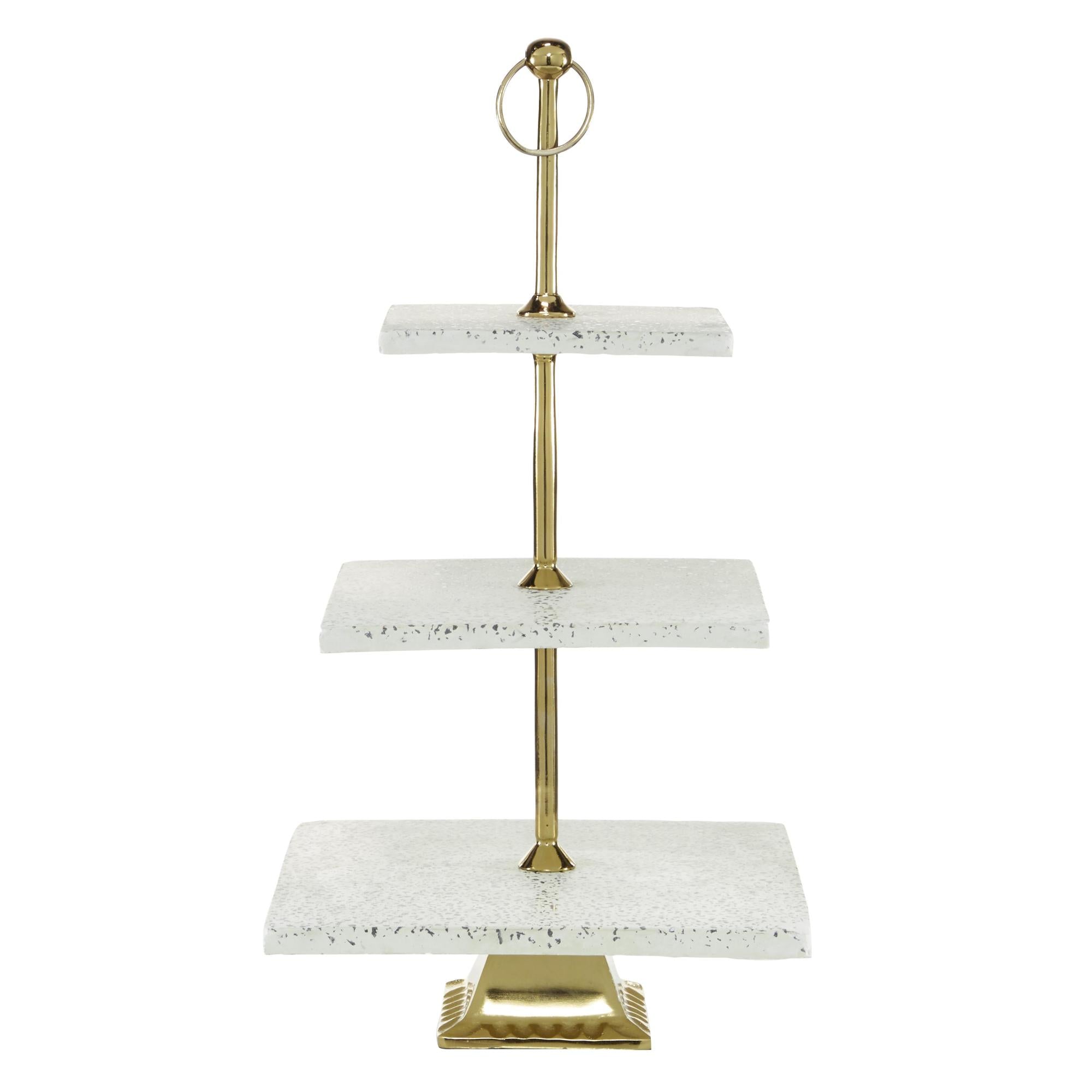 White Ceramic Terrazzo 3 Level Decorative Tiered Server with Gold Base