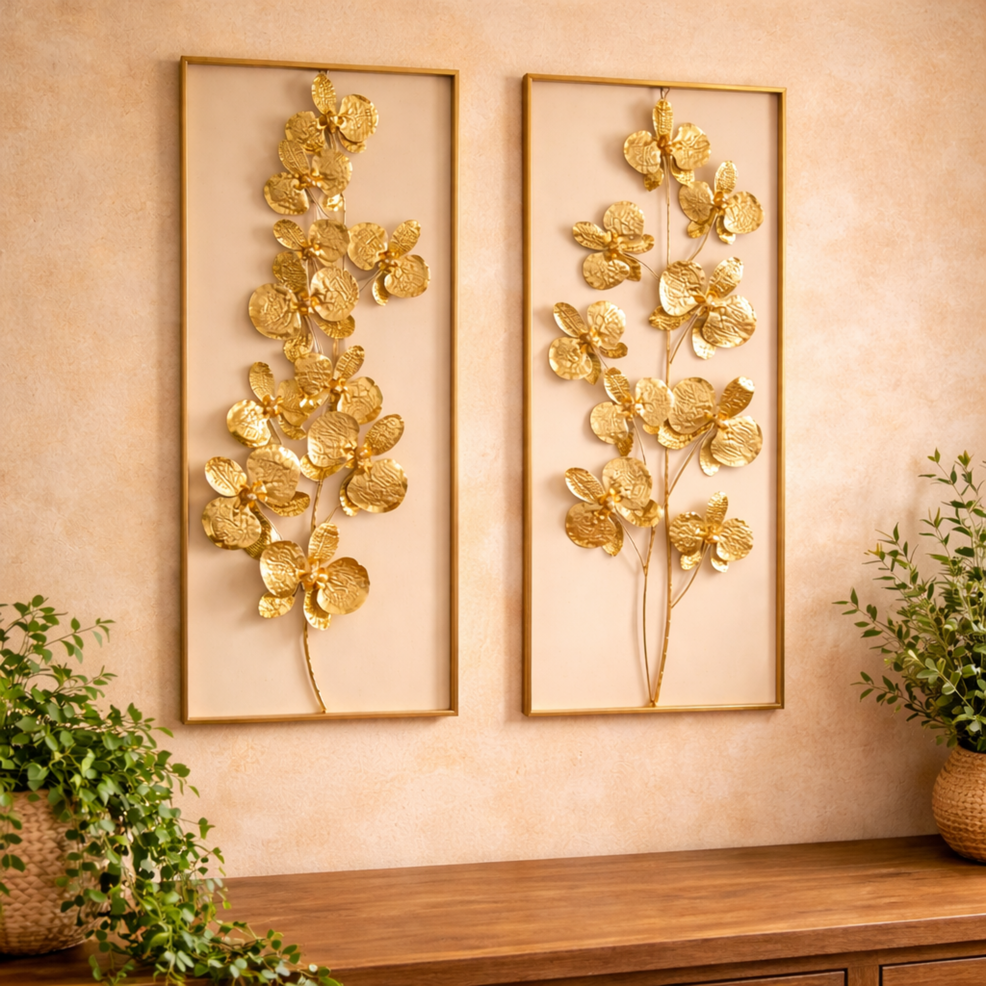 Set of 2 Floral Metal Orchid Home Wall Decor with Black Metal Stand