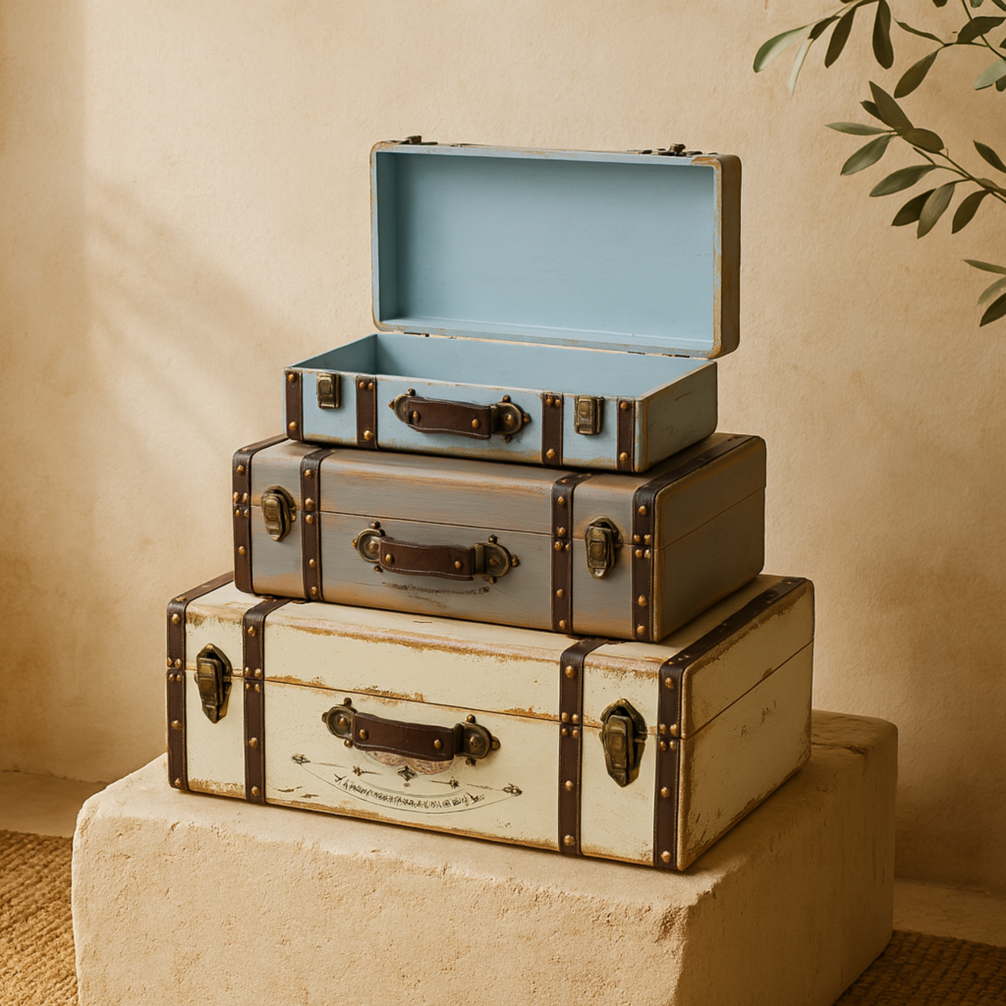 Set of 3 Multi Colored Wooden Nesting Decorative Trunk with Vintage Accents and Studs