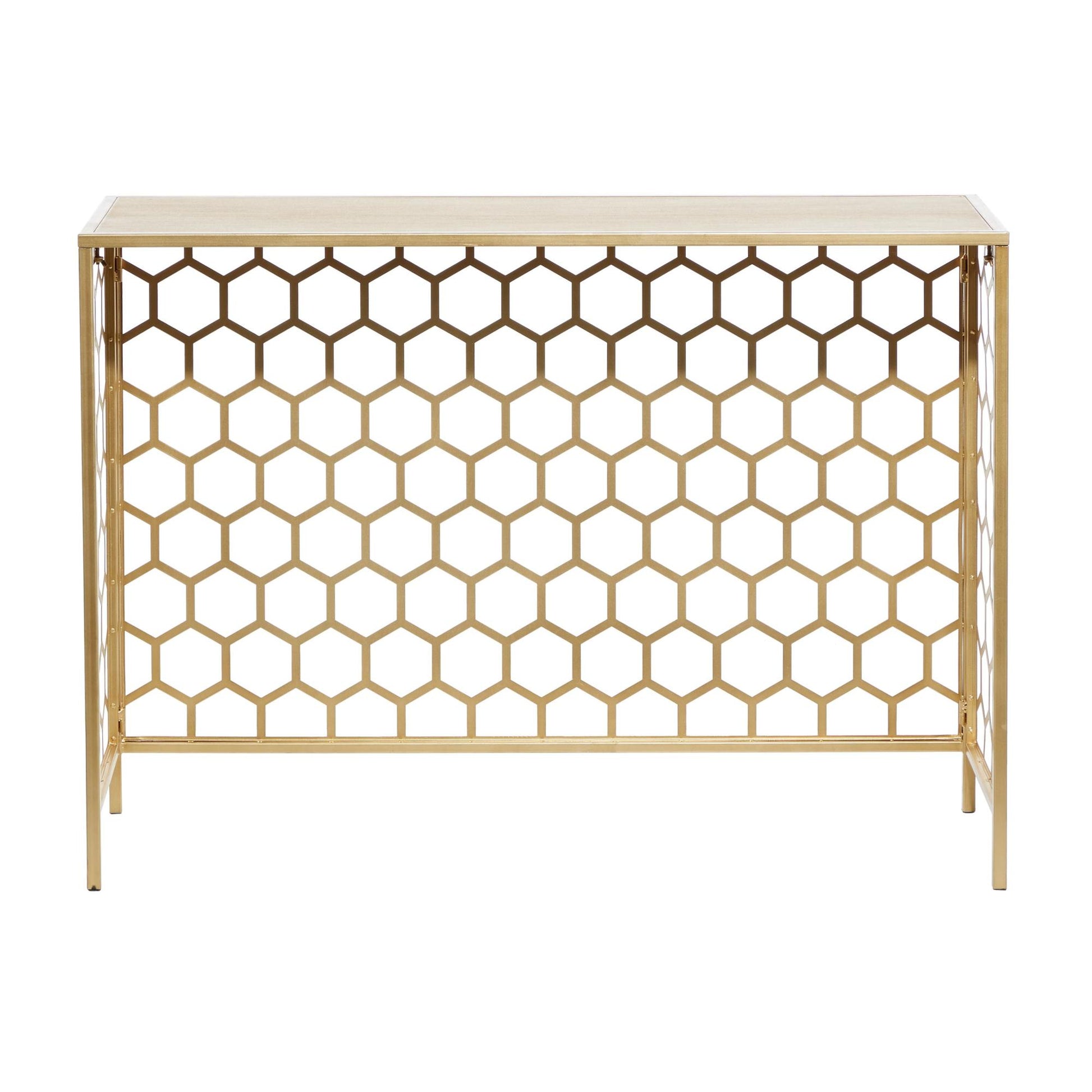 Geometric Gold Metal Honeycomb Pattern Living Room Console Table with Brown Wood Top