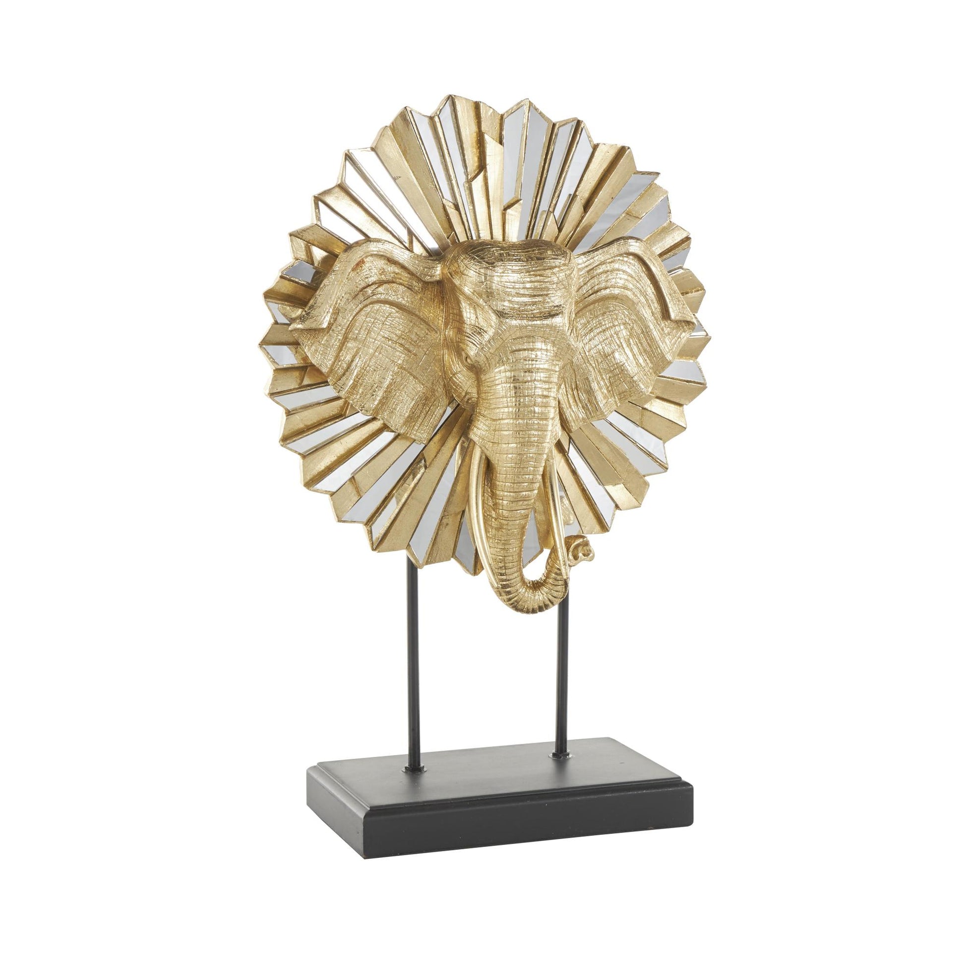 Elephant Gold Resin Decorative Sculpture with Mirrored Sunburst Accent and Black Stand