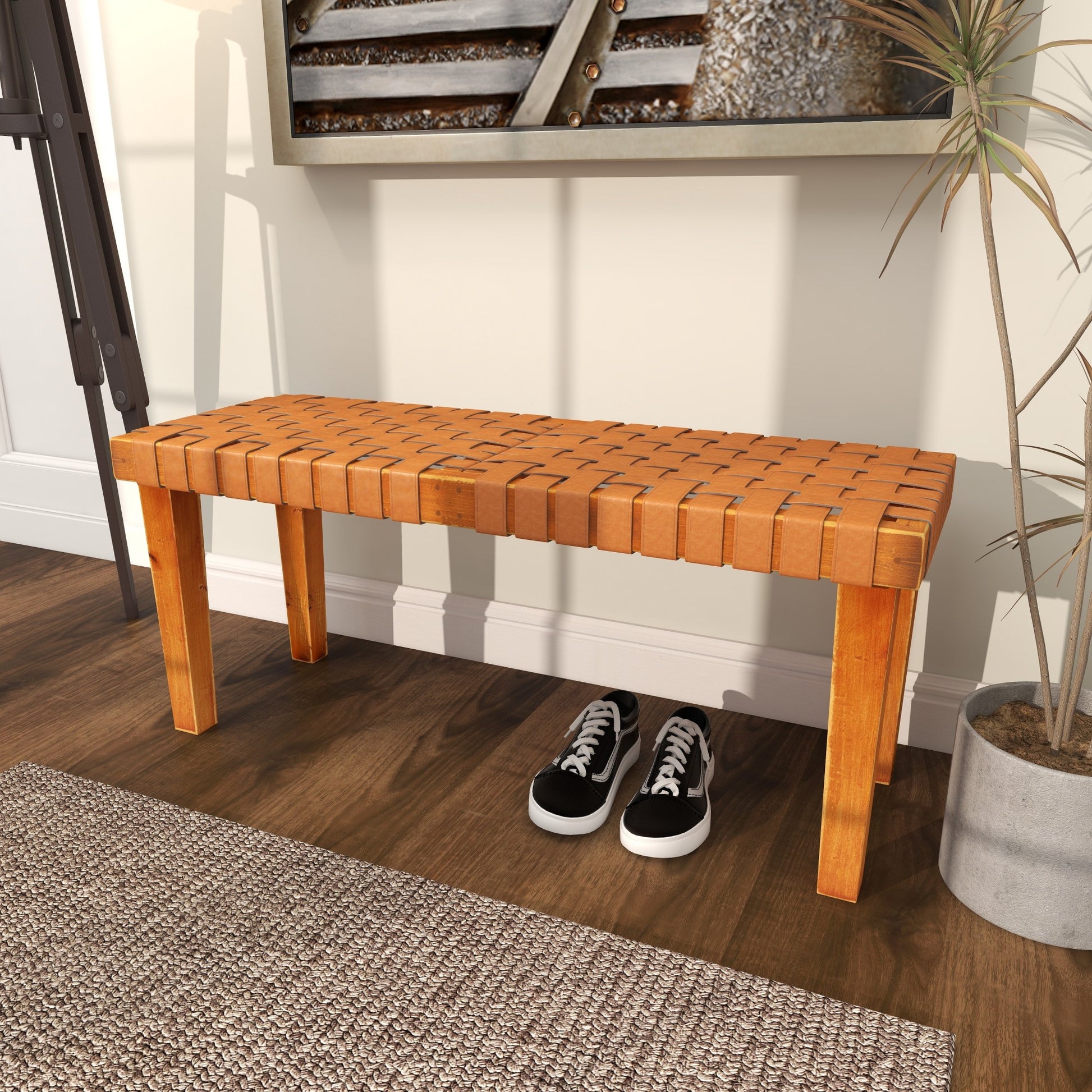 Brown Faux Leather Handmade Woven Home Bench with Wood Frame