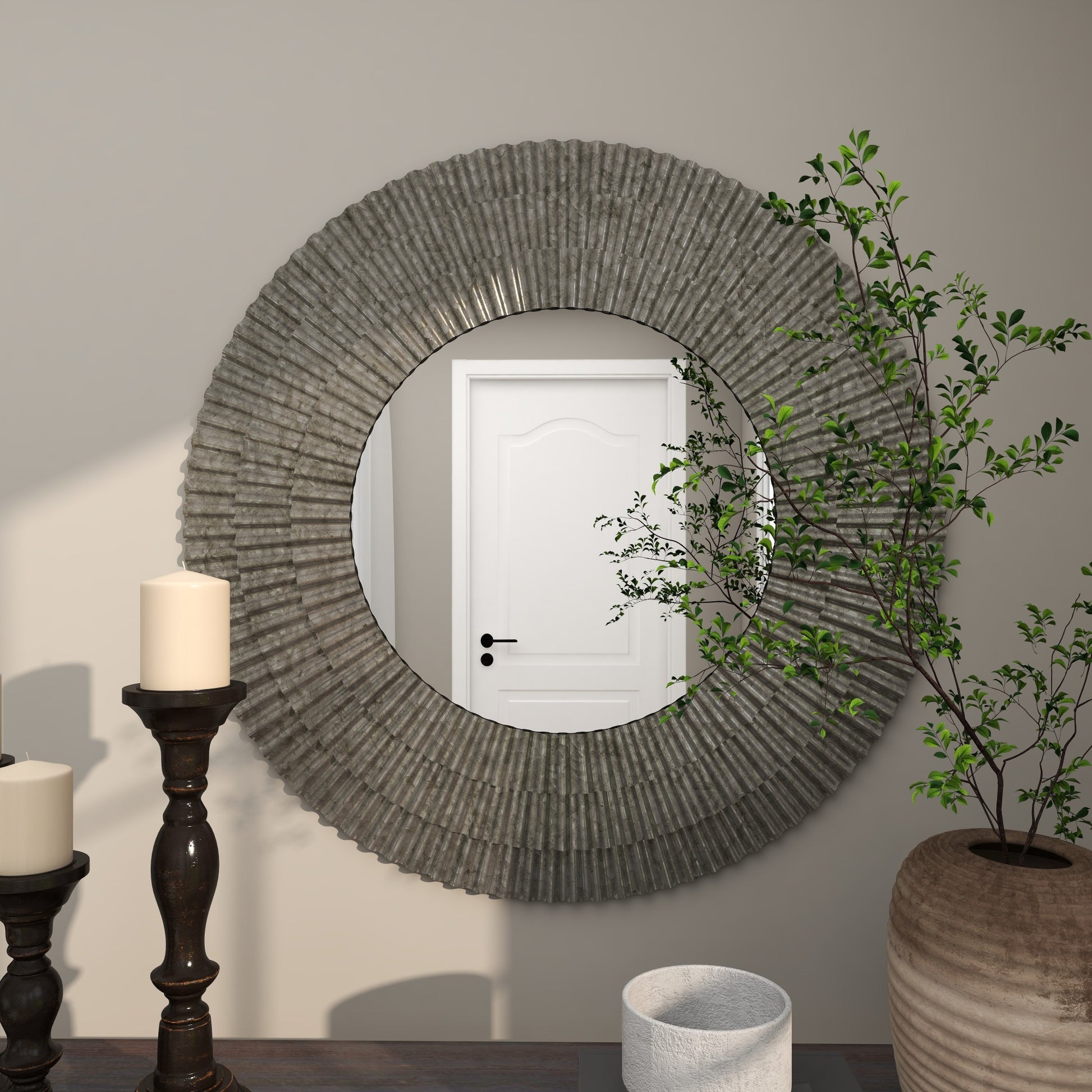 Gray Metal Galvanized Layered Ribbed Room Wall Mirror
