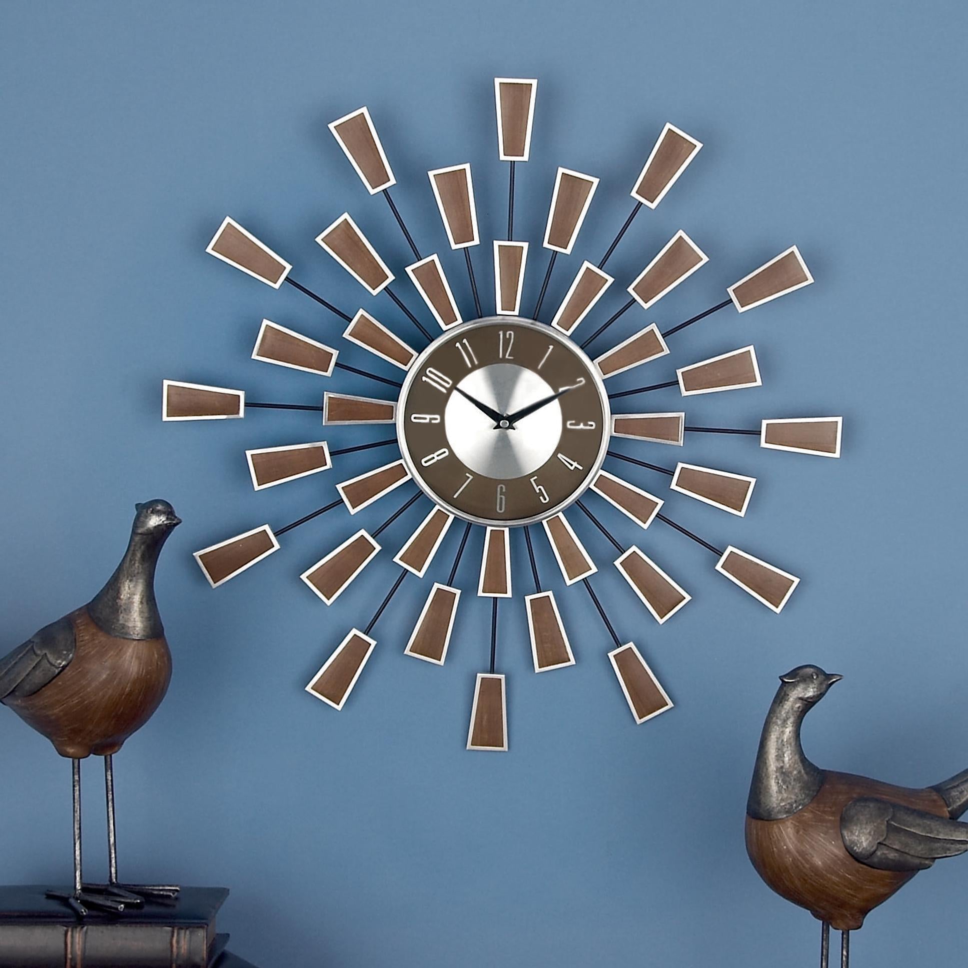 Starburst Brown Metal Starburst Decorative Wall Clock with Silver Accents