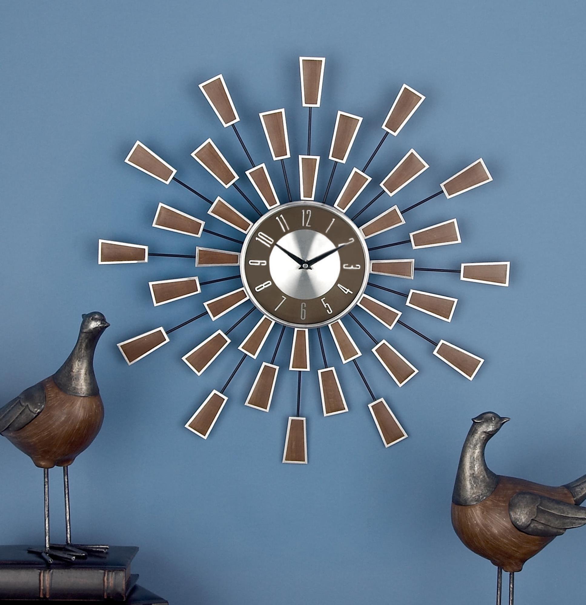 Starburst Brown Metal Starburst Decorative Wall Clock with Silver Accents