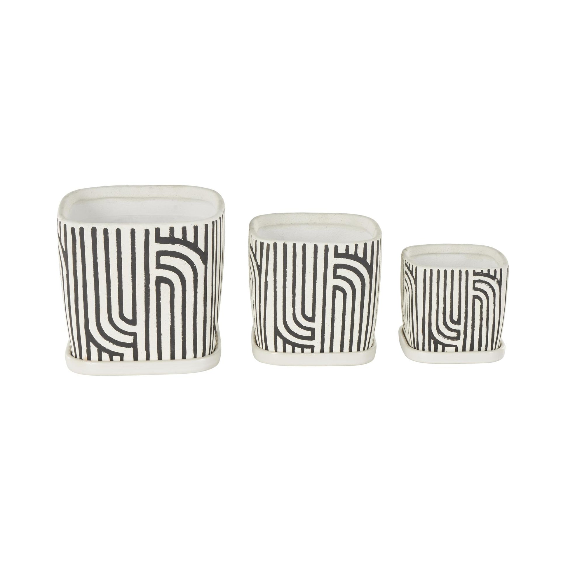 Set of 3 Geometric Ceramic Arched Patterned Indoor Outdoor Planter with Attached Saucer
