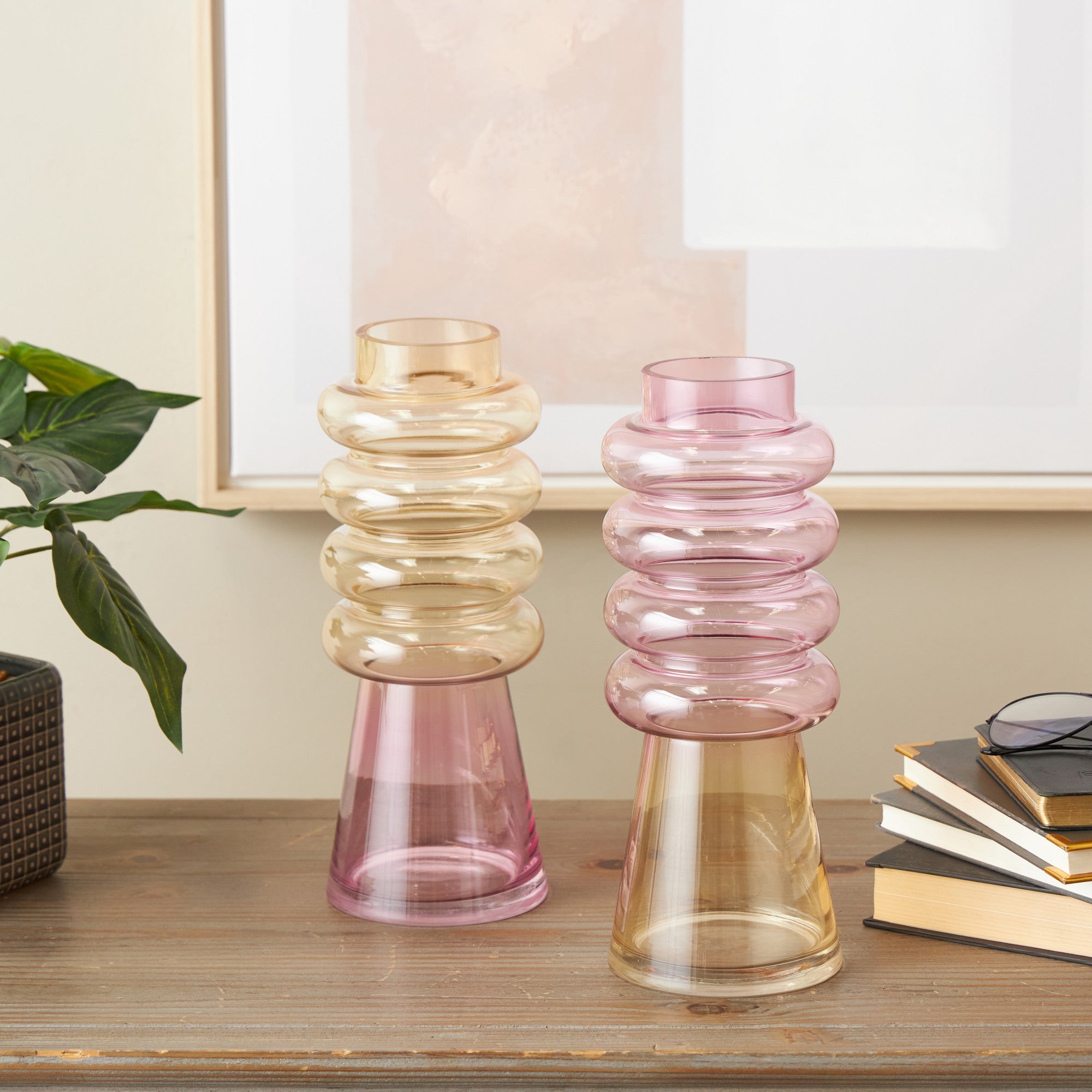 Set of 2 Multi Colored Glass Tinted Decorative Vase with Color Blocks