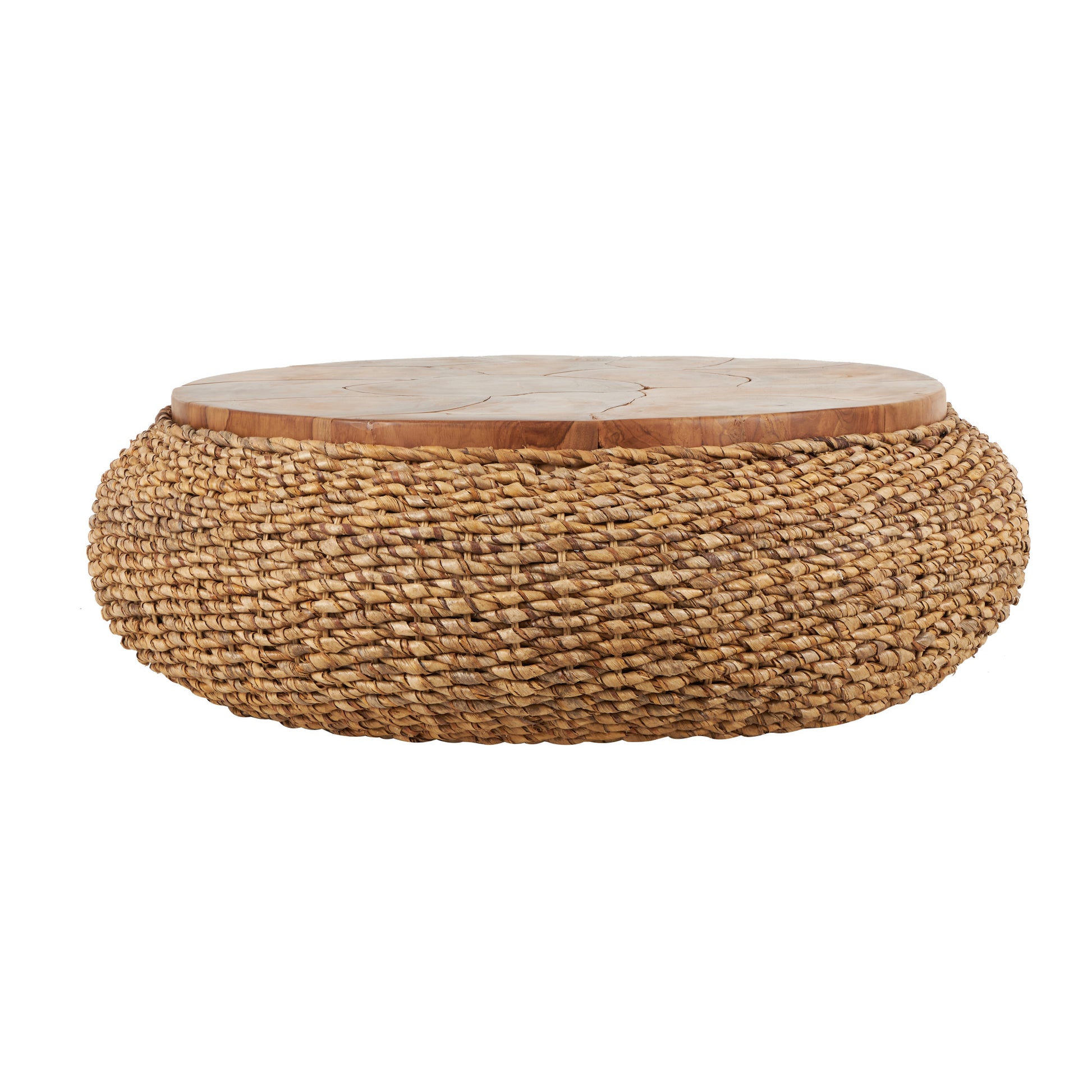 Brown Rattan Wrapped Living Room Coffee Table with Teak Tabletop