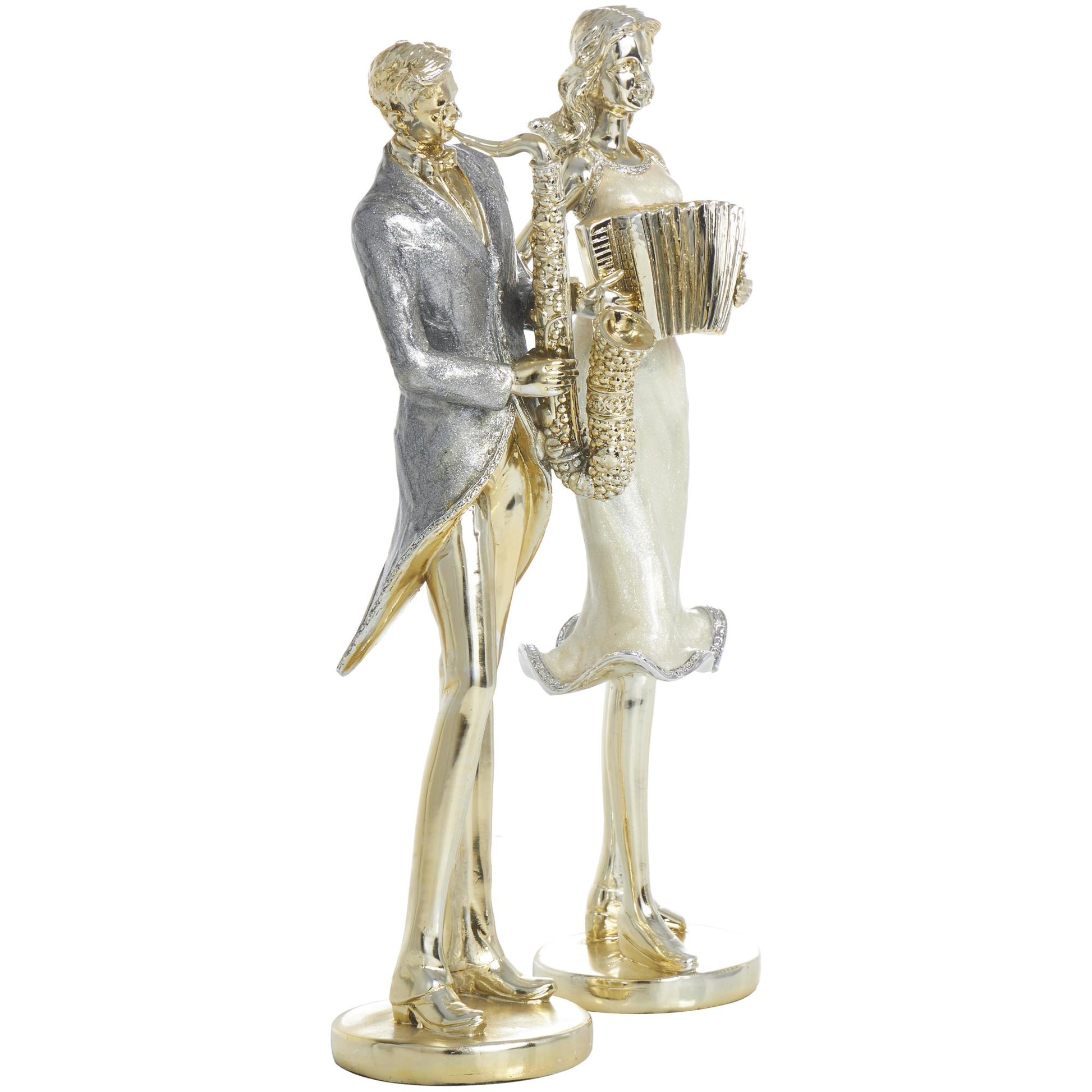Set of 2 Musician Gold Resin Decorative Sculpture with Accordion and Saxophone