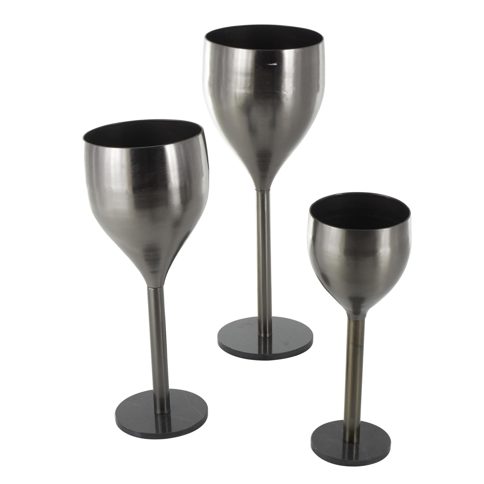 Set of 3 Wine Silver Metal Glass Inspired Indoor Outdoor Planter with Black Marble Base