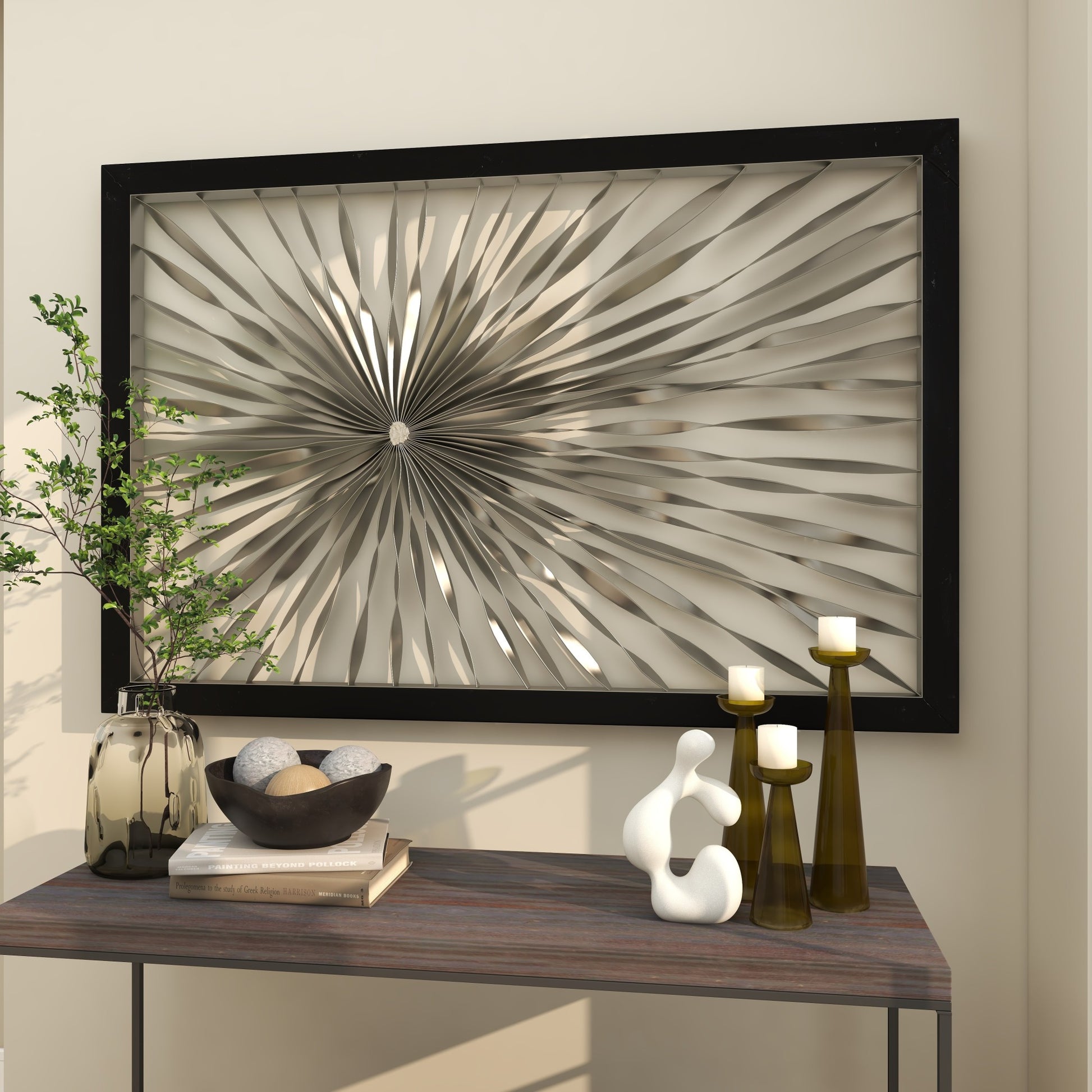 Sunburst Silver Metal Coiled Ribbon Home Wall Decor with Black Frame
