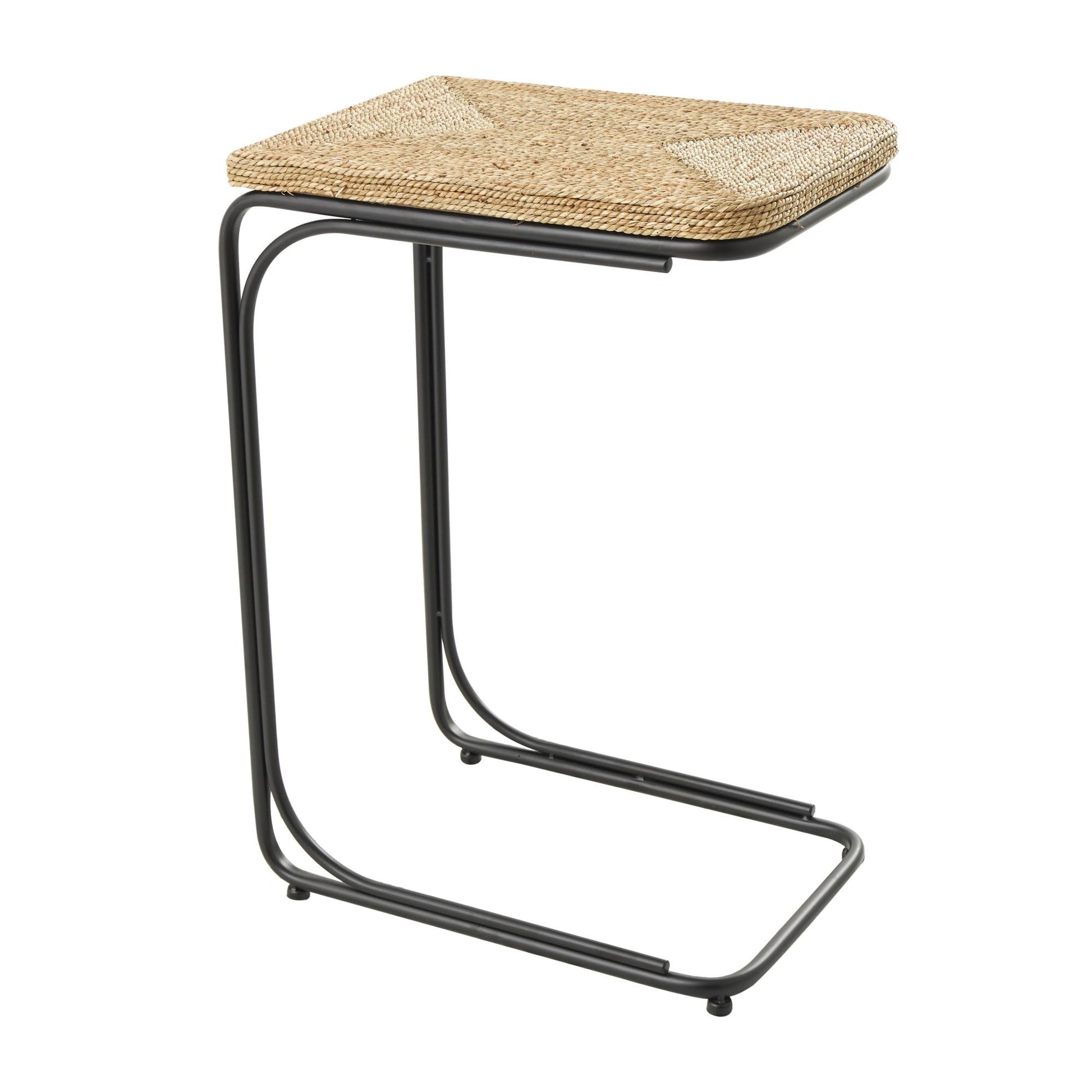Brown Dried Plant Handmade Coiled C-Shaped Side End Accent Table with Black Metal Legs