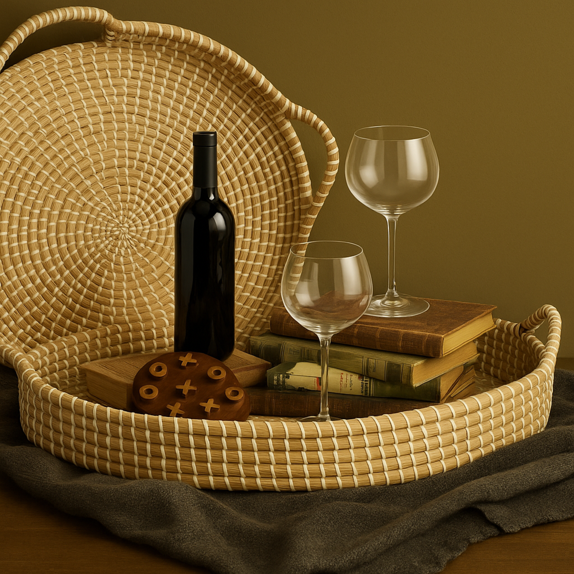 Set of 2 Brown Dried Plant Handmade Living Room Decor Tray with Metal Rim