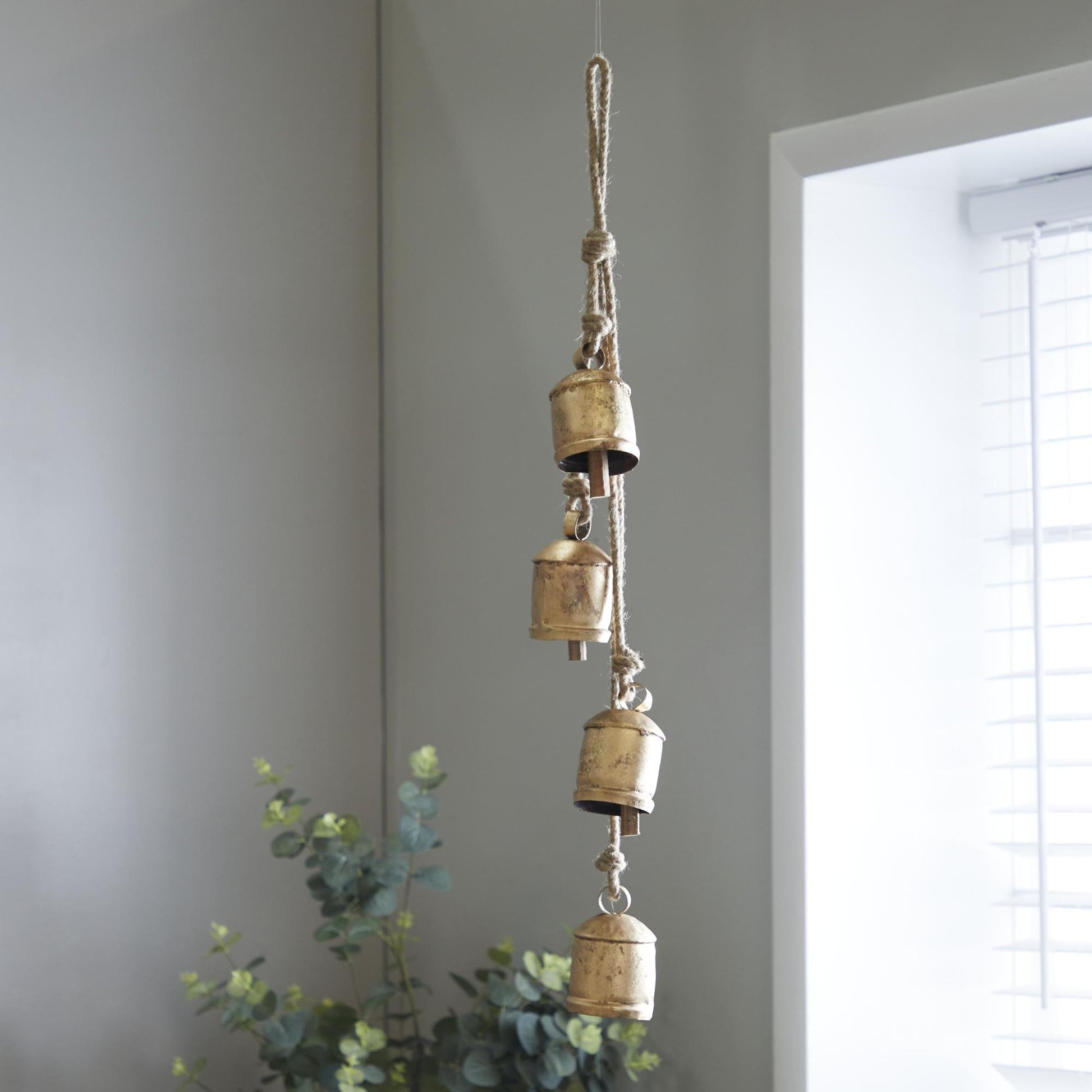 Metal Tibetan Inspired Indoor Outdoor Decorative Cow Bells with 4 Bells on Jute Hanging Rope