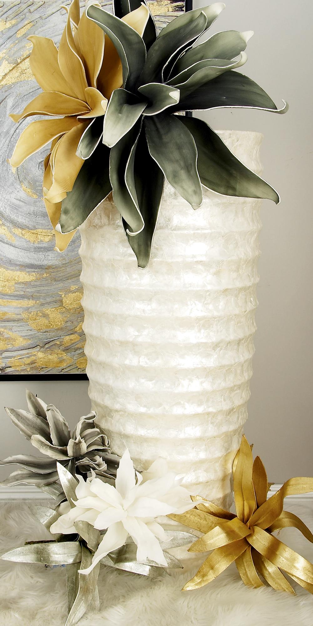 White Capiz Shell Tall Floor Decorative Vase with Ripple Design