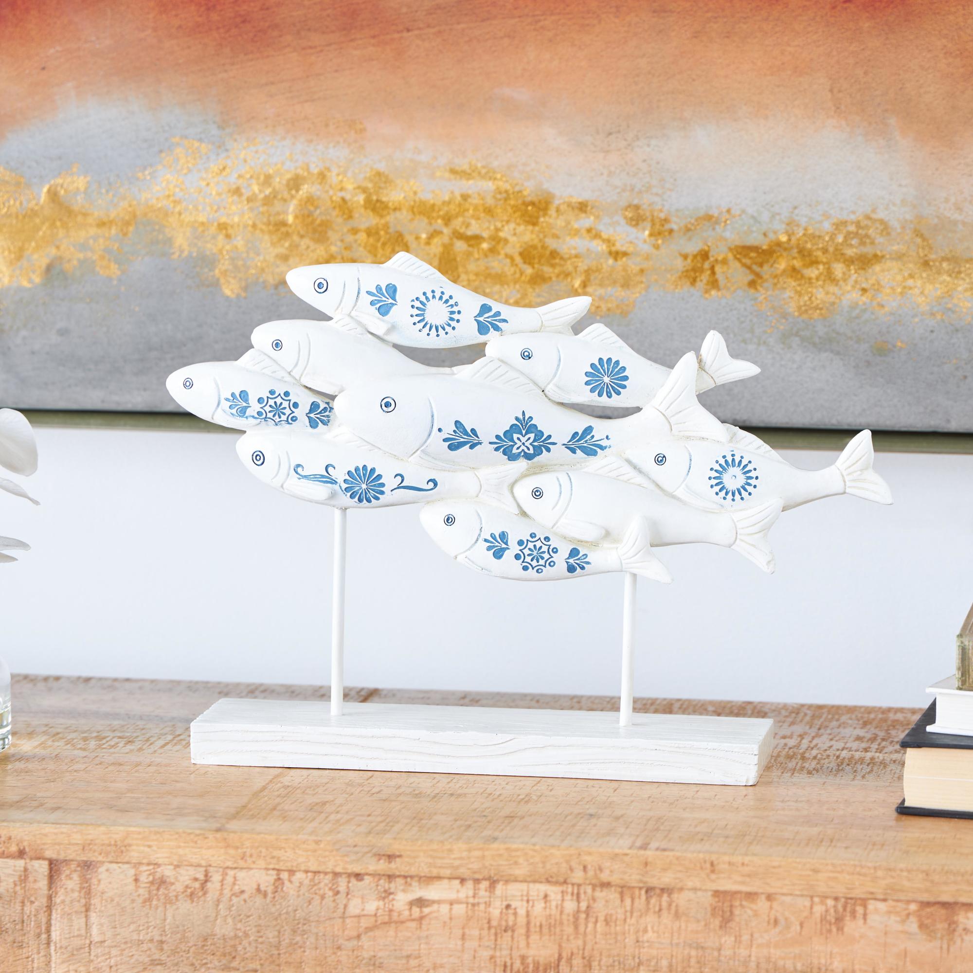 Fish White Polystone Decorative Sculpture with Blue Floral Patterns and Stand
