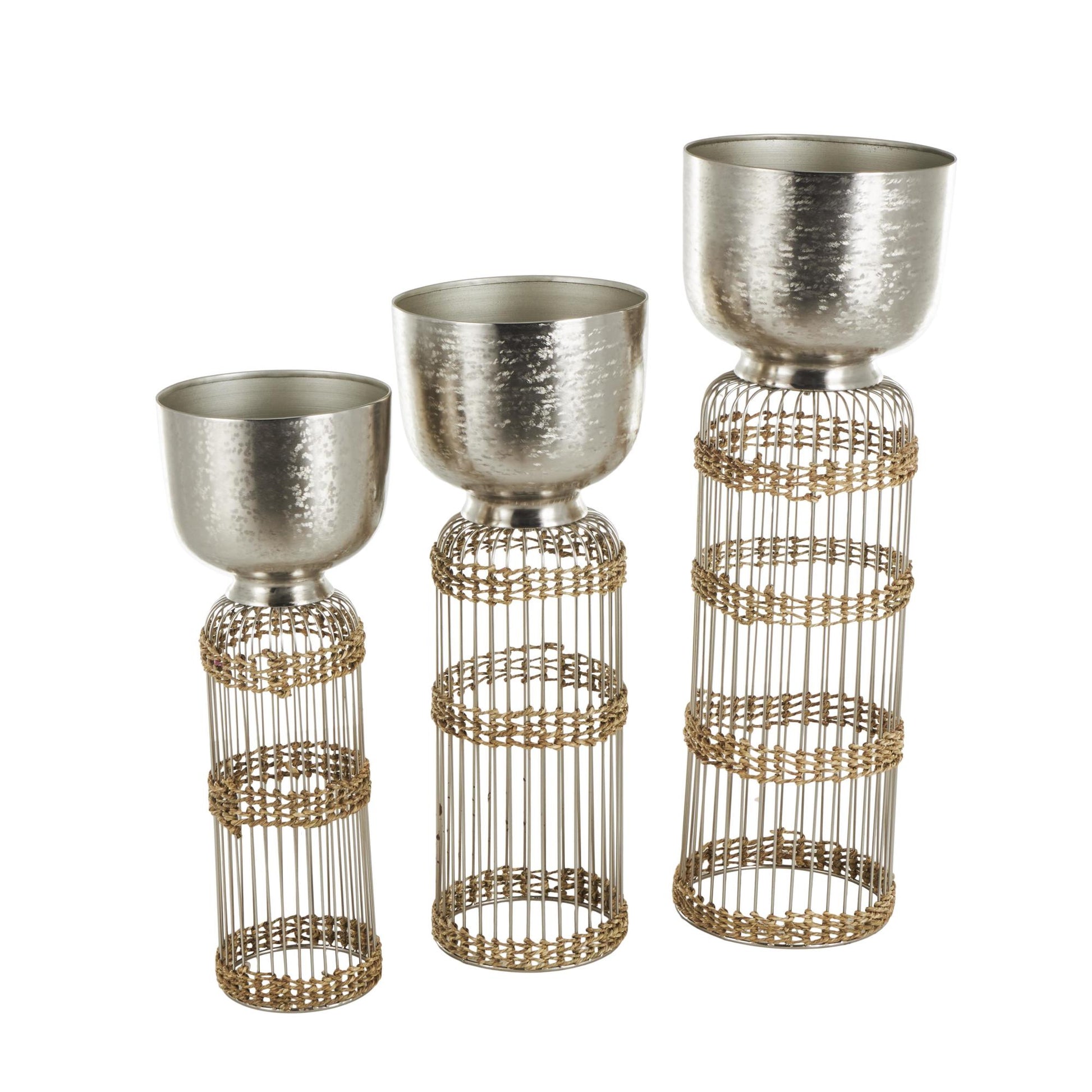 Set of 3 Metal Textured Dome Indoor Planter with Woven Seagrass and Caged Rod Pedestal Base Set of 3 32", 27", 24"H
