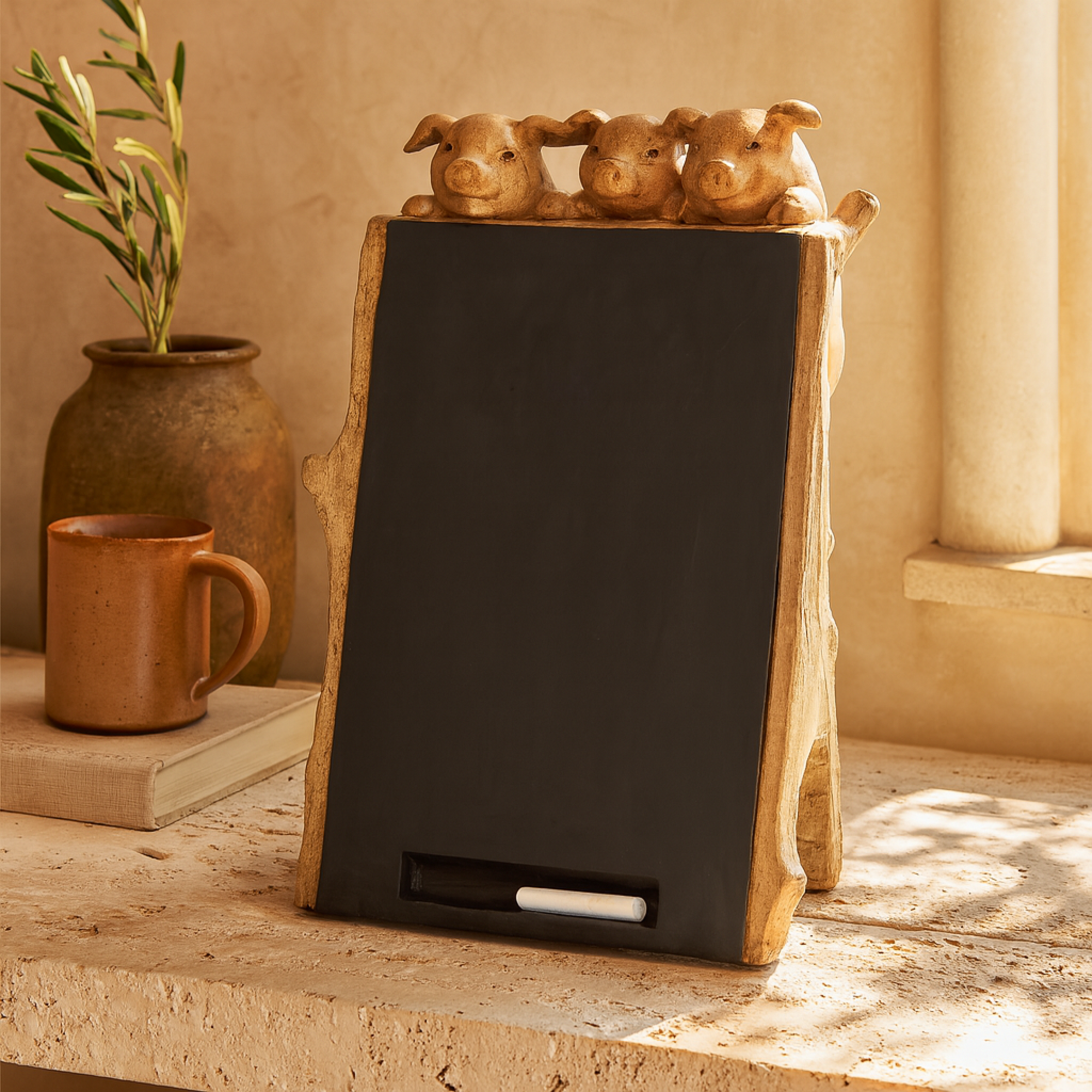 Pig Black Polystone Chalkboard Home Decorative Sign with Brown Tree Trunk Frame