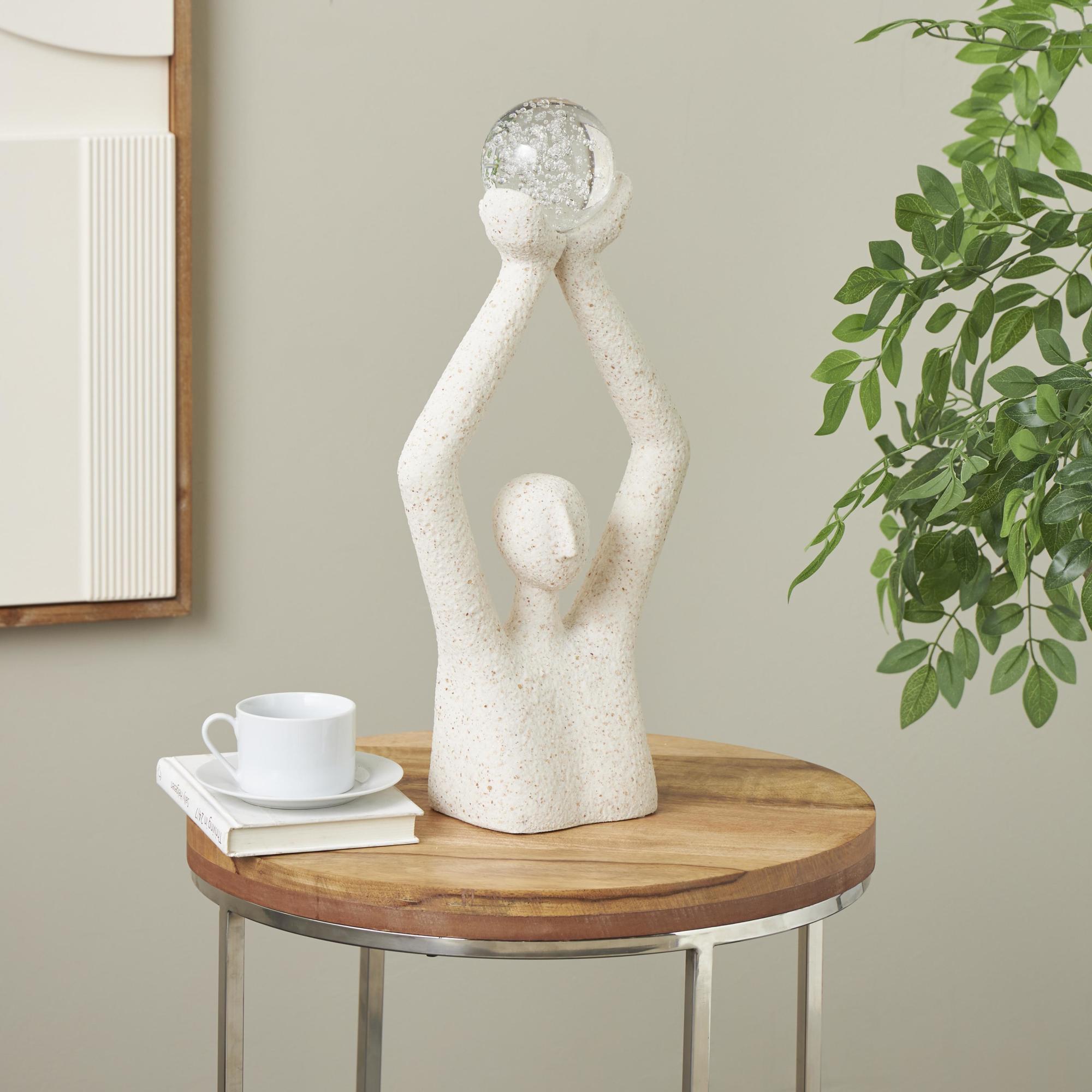 People Cream Polystone Abstract Textured Decorative Sculpture with Clear Glass Ball and Gold Speckles