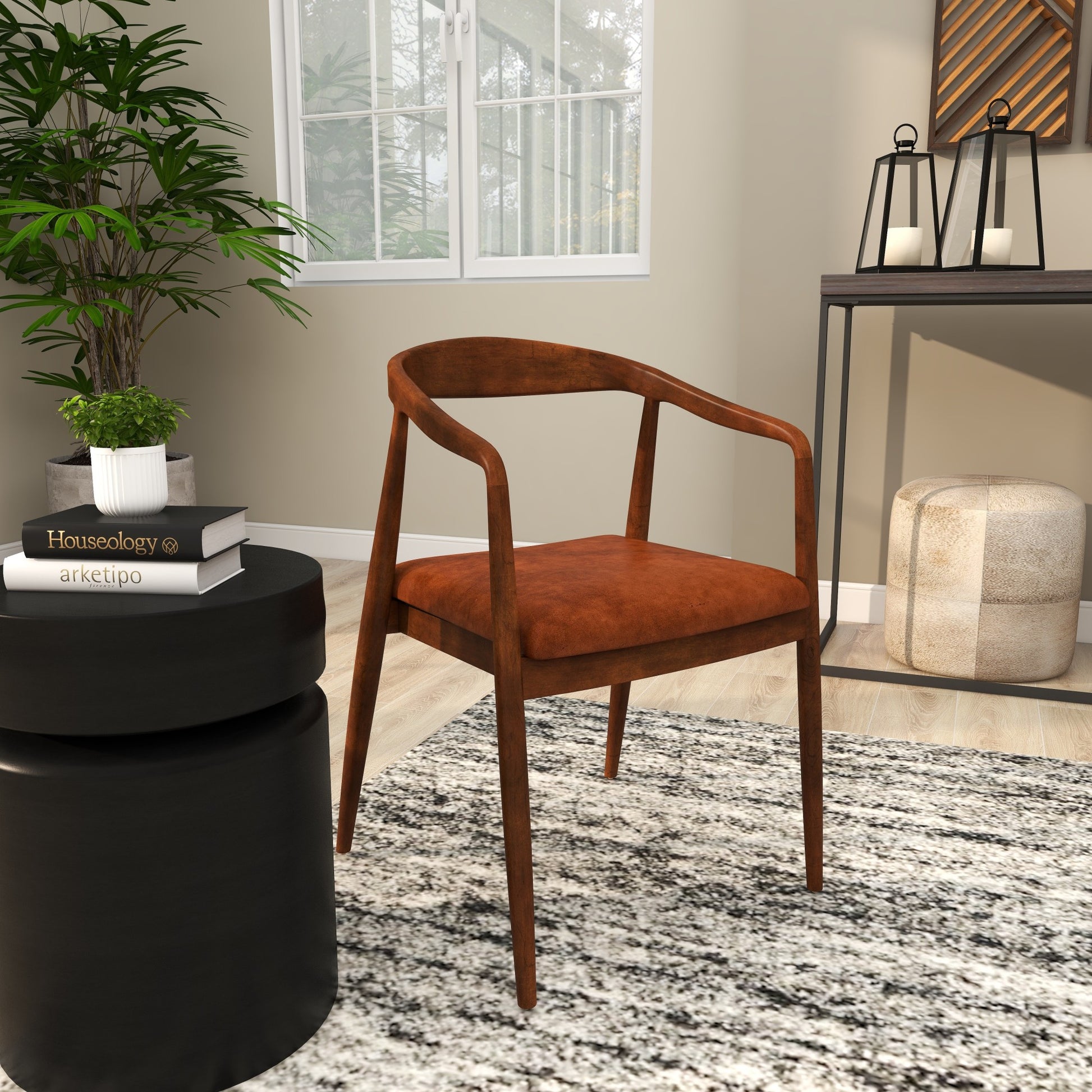 Brown Teak Wood Handmade Kitchen Dining Chair with Leather Cushion