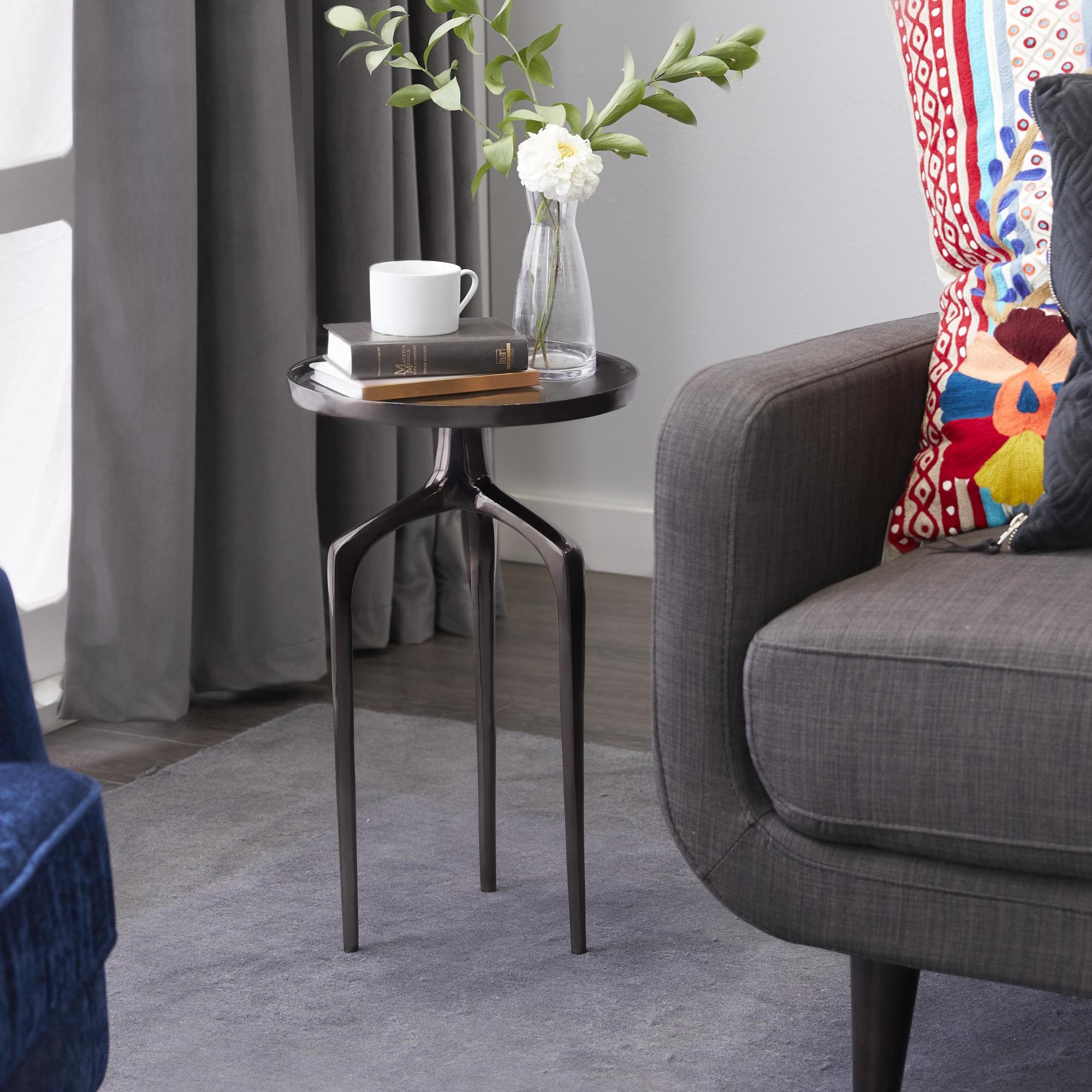 Aluminum Metal Tray Inspired Top Side End Accent Table with 3 Tripod Legs