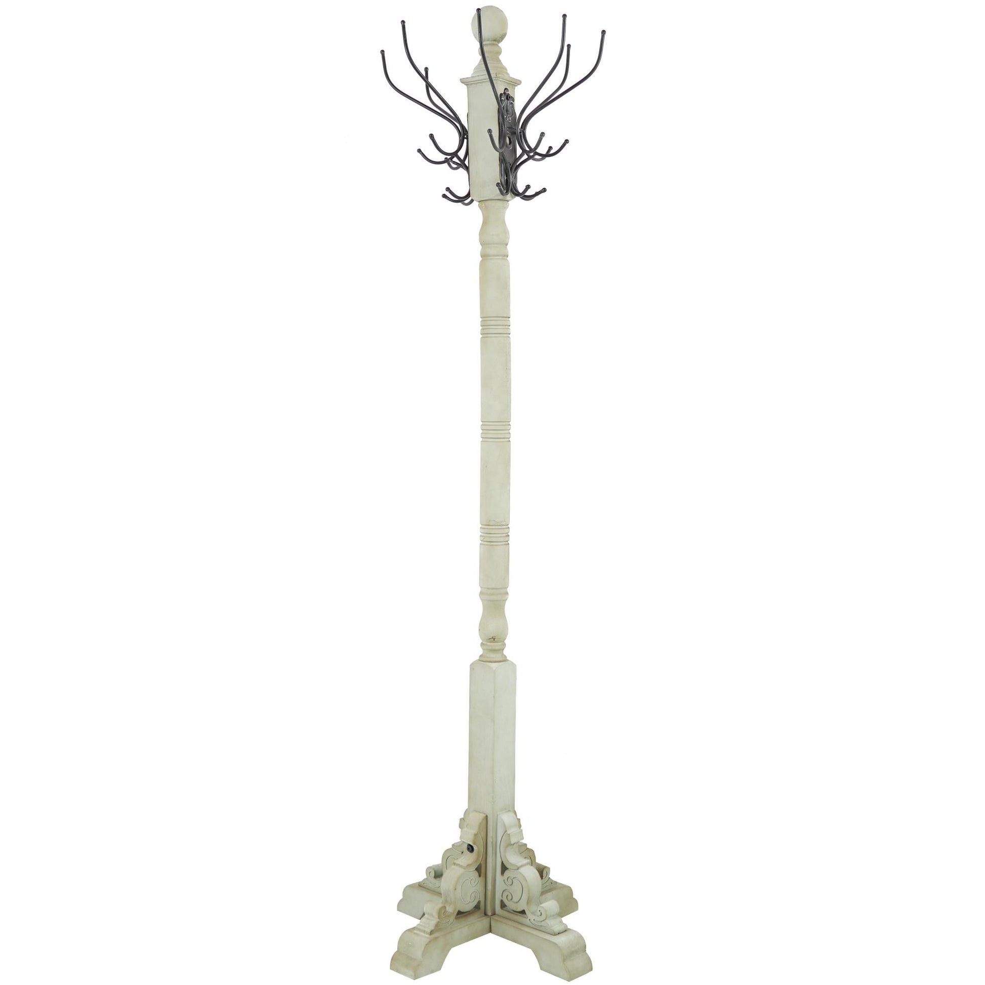 Scroll Gray Wood Vintage Style 12 Hook Freestanding Coat Rack with Black Metal Hooks