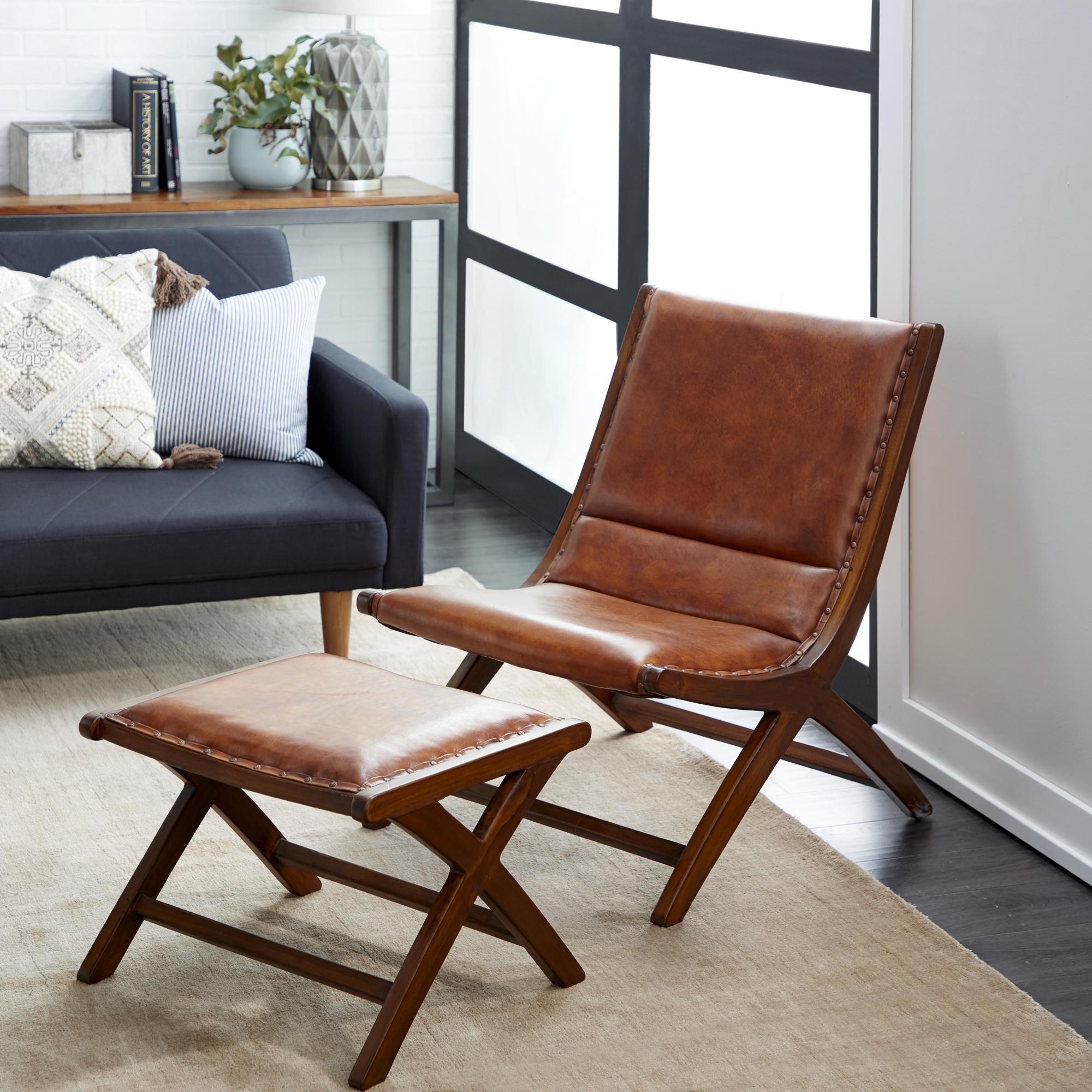 Teak Wood Handmade Upholstered Leather Accent Chair with Ottoman