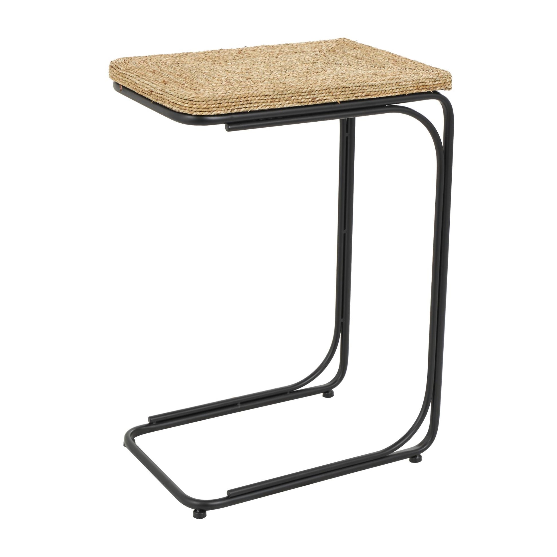 Brown Dried Plant Handmade Coiled C-Shaped Side End Accent Table with Black Metal Legs