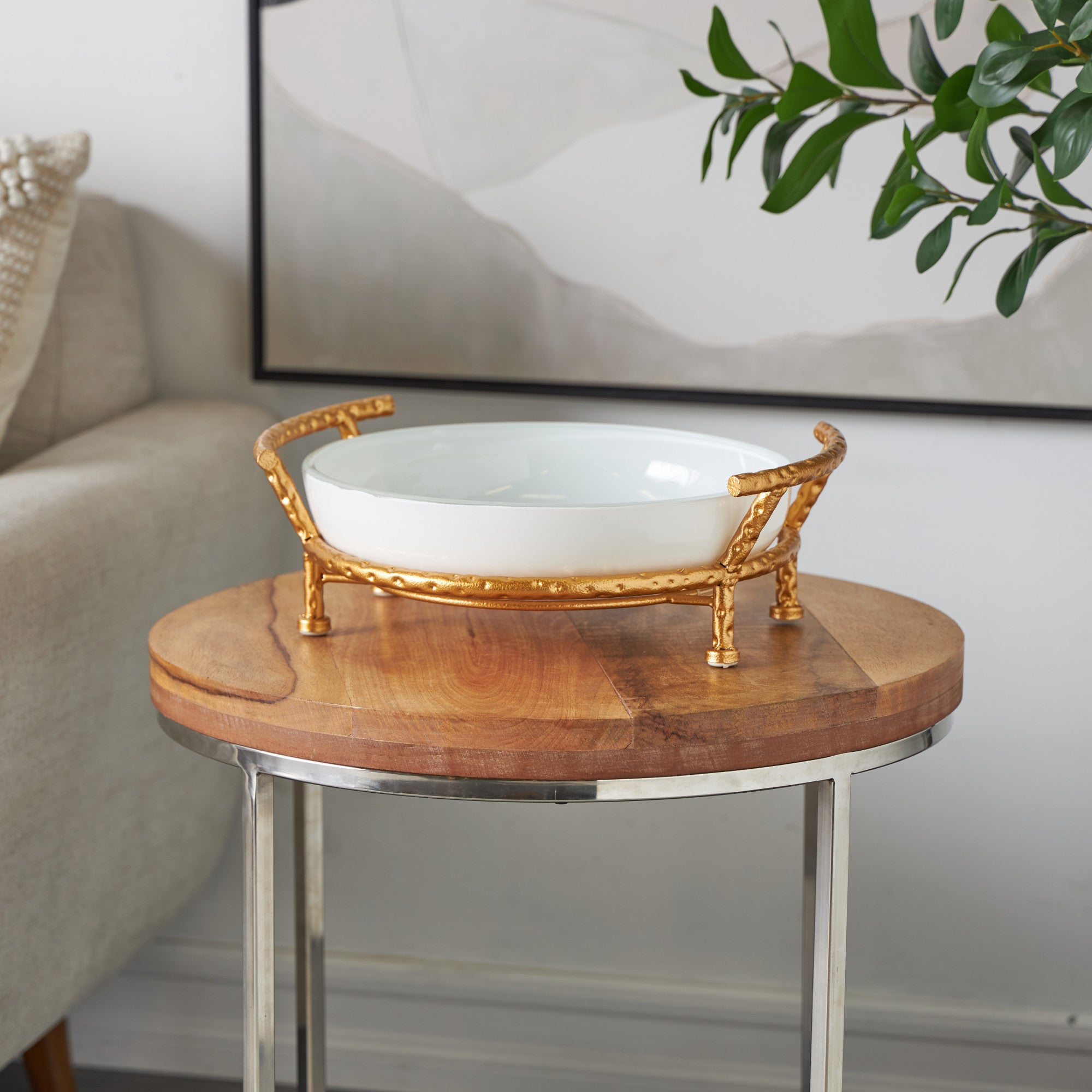 Kitchen White Tempered Glass Decorative Serving Bowl with Gold Metal Stand