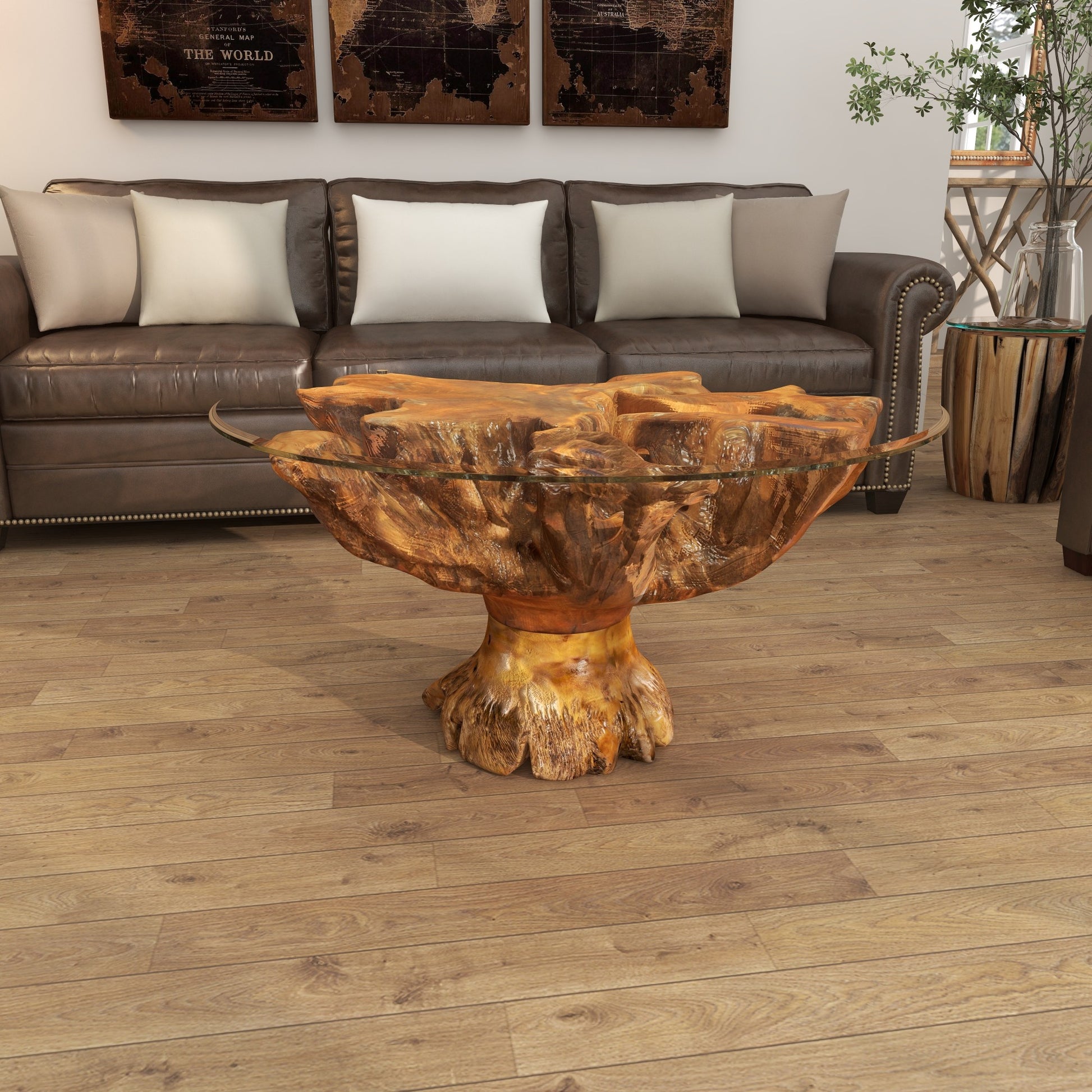 Brown Teak Wood Handmade Live Edge Tree Stump Living Room Coffee Table with Clear Glass Top