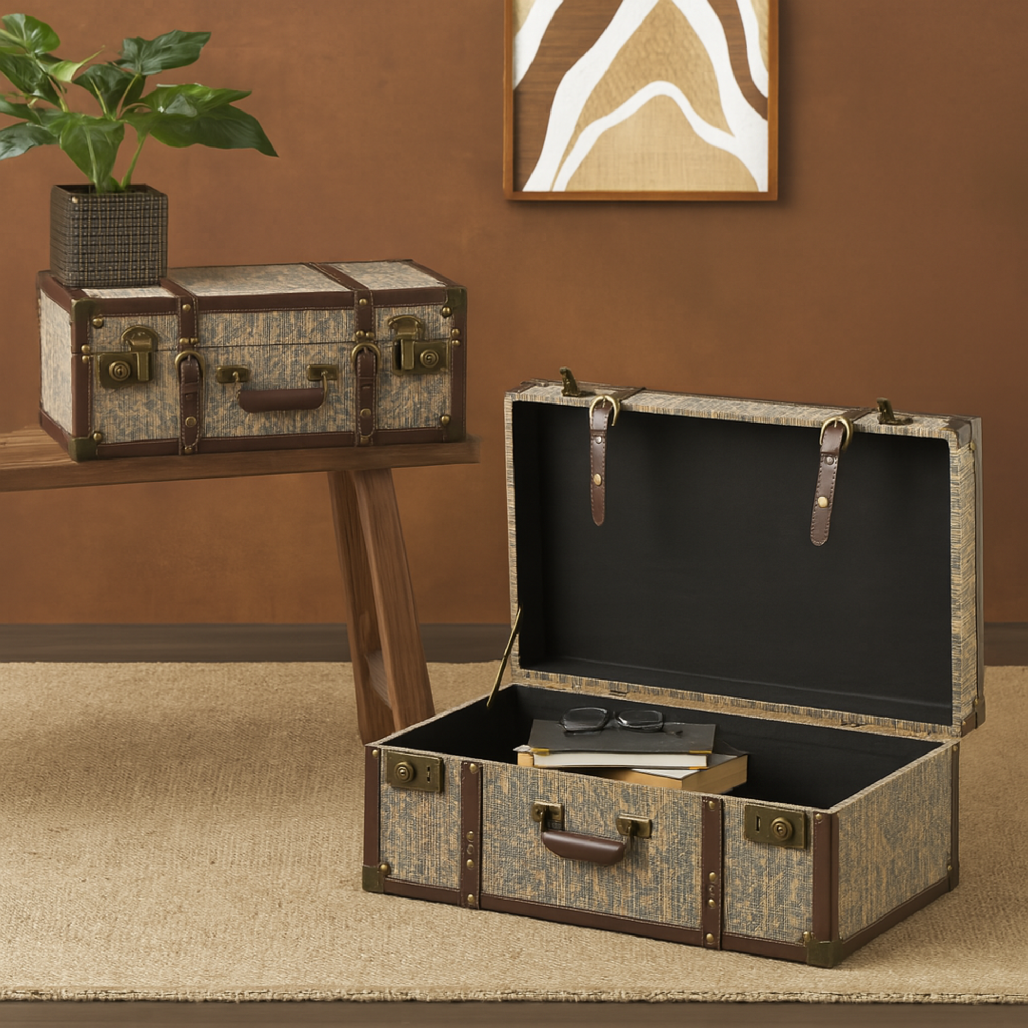 Set of 2 Floral Blue Wooden Vintage Storage Decorative Trunk with Brown Leather Accents and Gold Studs